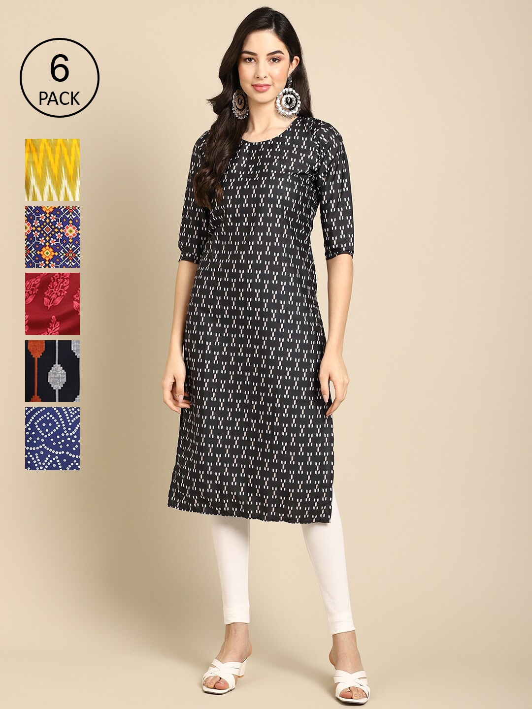 7Threads Women Pack Of 6 Multicoloured Geometric Printed Block Print Crepe Kurta, Multi
7Threads Women Pack Of 6 Multicoloured Geometric Printed Block Print Crepe Kurta, Multi