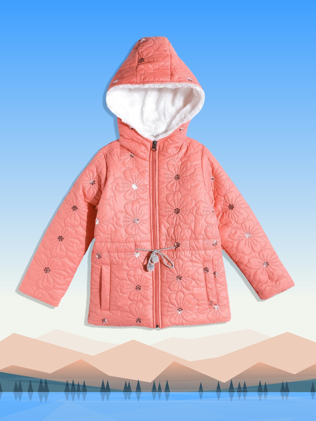 White Snow Girls Peach-Coloured Floral Embroidered Sequinned Faux Fur Hood Padded Jacket
White Snow Girls Peach-Coloured Floral Embroidered Sequinned Faux Fur Hood Padded Jacket