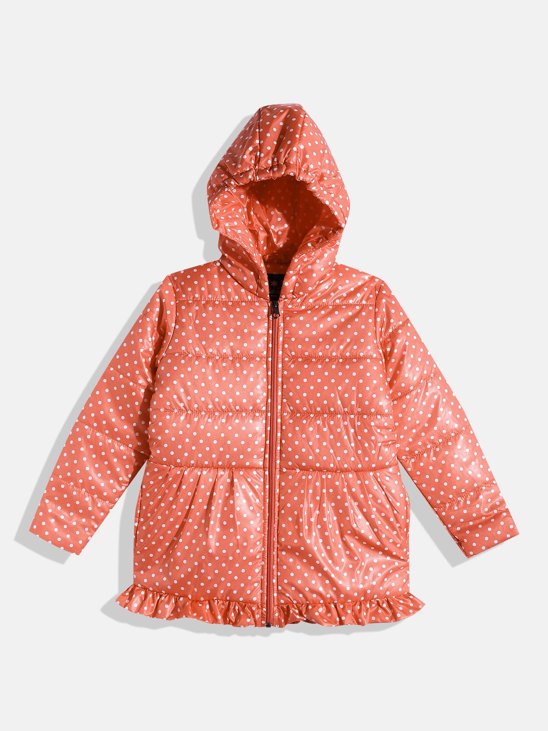 White Snow Girls Peach-Coloured & White Polka Dot Print Ruffled Hooded Padded Jacket
White Snow Girls Peach-Coloured & White Polka Dot Print Ruffled Hooded Padded Jacket