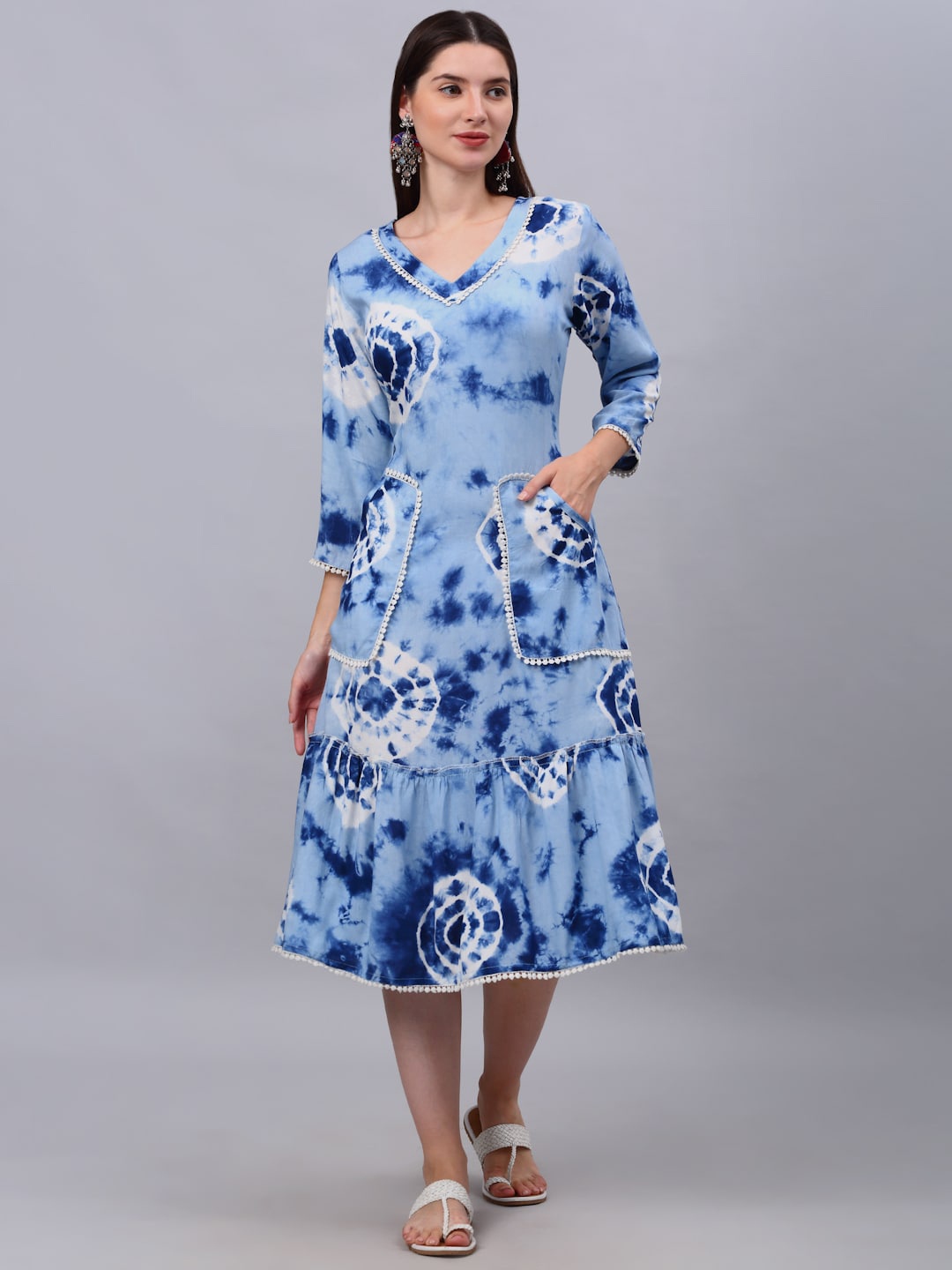 KALINI Women Blue Shibori Dyed Indigo Midi Ethnic Dress