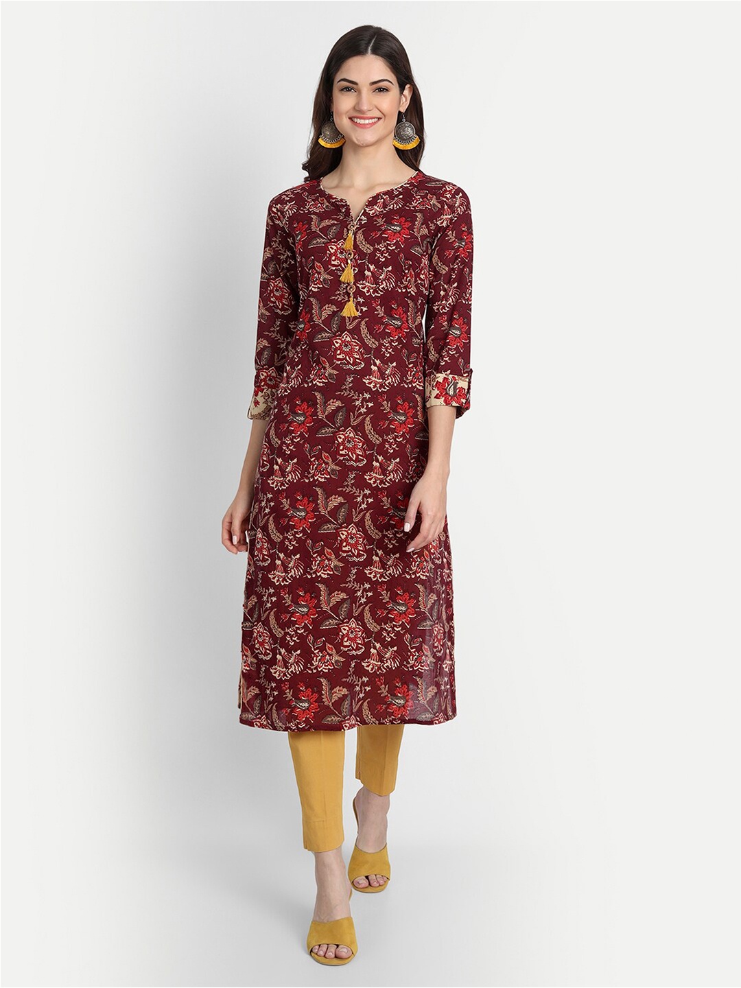 SUTI Women Maroon & Beige Floral Printed Kurta