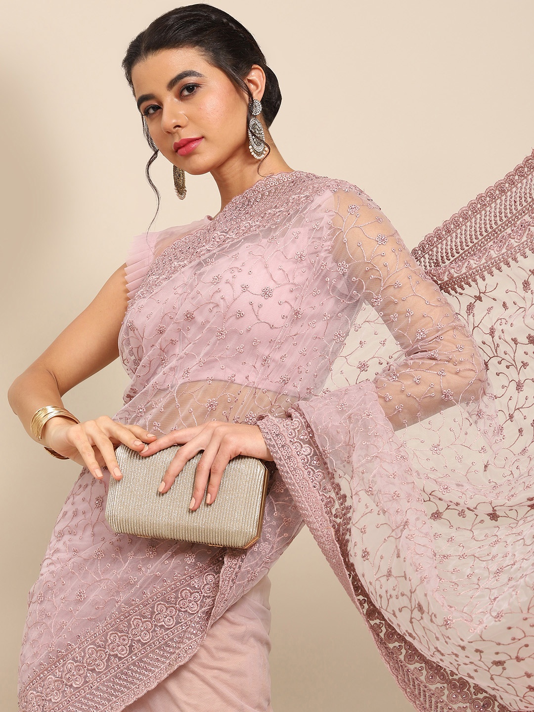 all about you Pink Floral Embroidered Net Saree