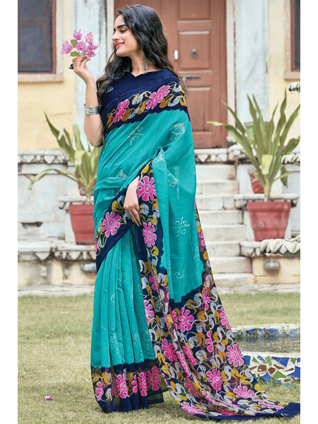 KARAGIRI Blue & Pink Floral Saree 
KARAGIRI Blue & Pink Floral Saree