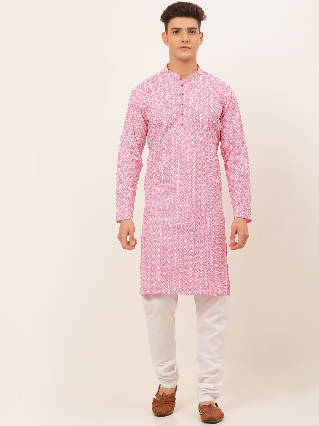 Jompers Men Pink & White Floral Embroidered Chikankari Pure Cotton Kurta with Churidar
Jompers Men Pink & White Floral Embroidered Chikankari Pure Cotton Kurta with Churidar