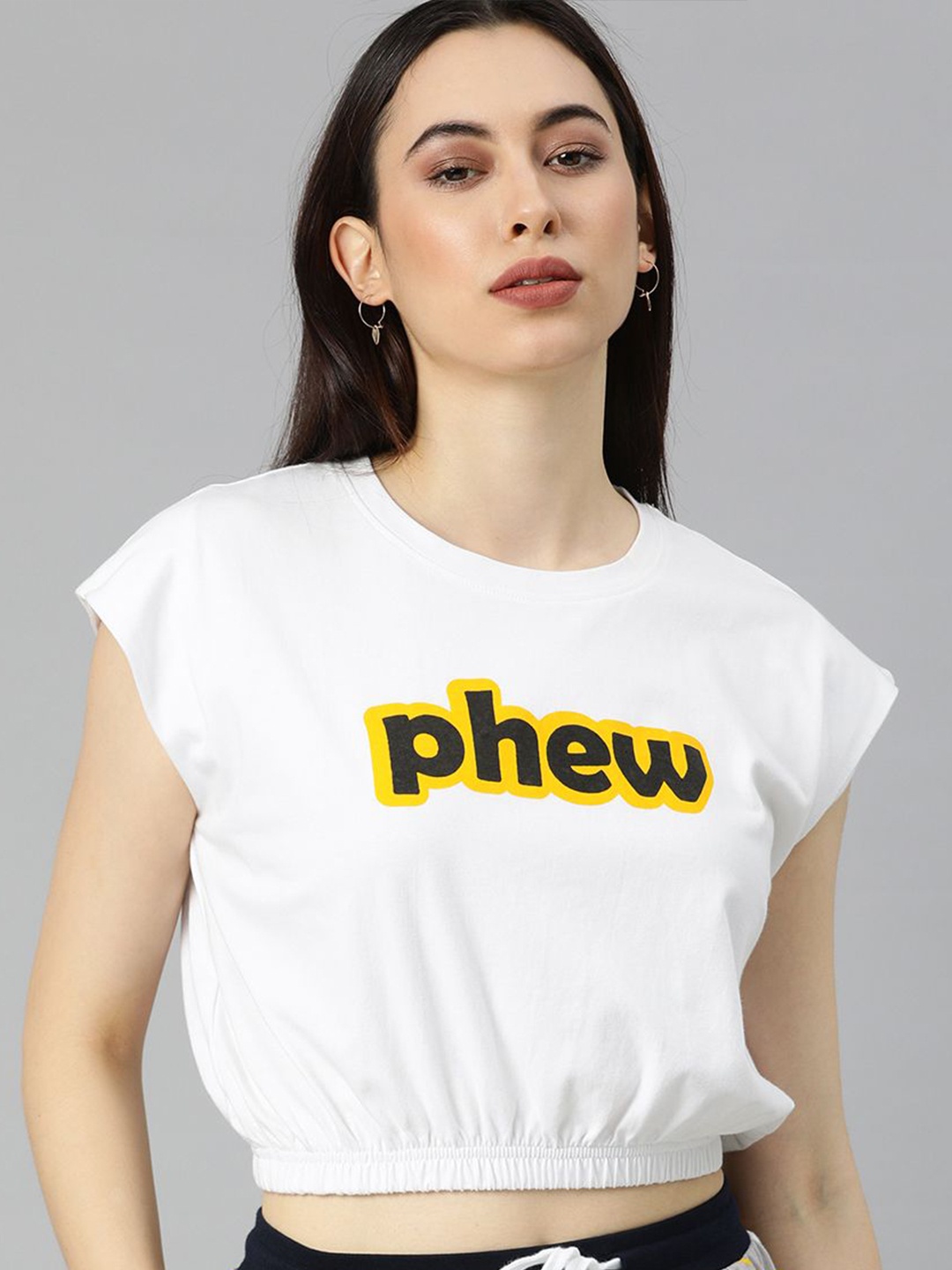 JUNEBERRY Women White Typography Printed Extended Sleeves T-shirt