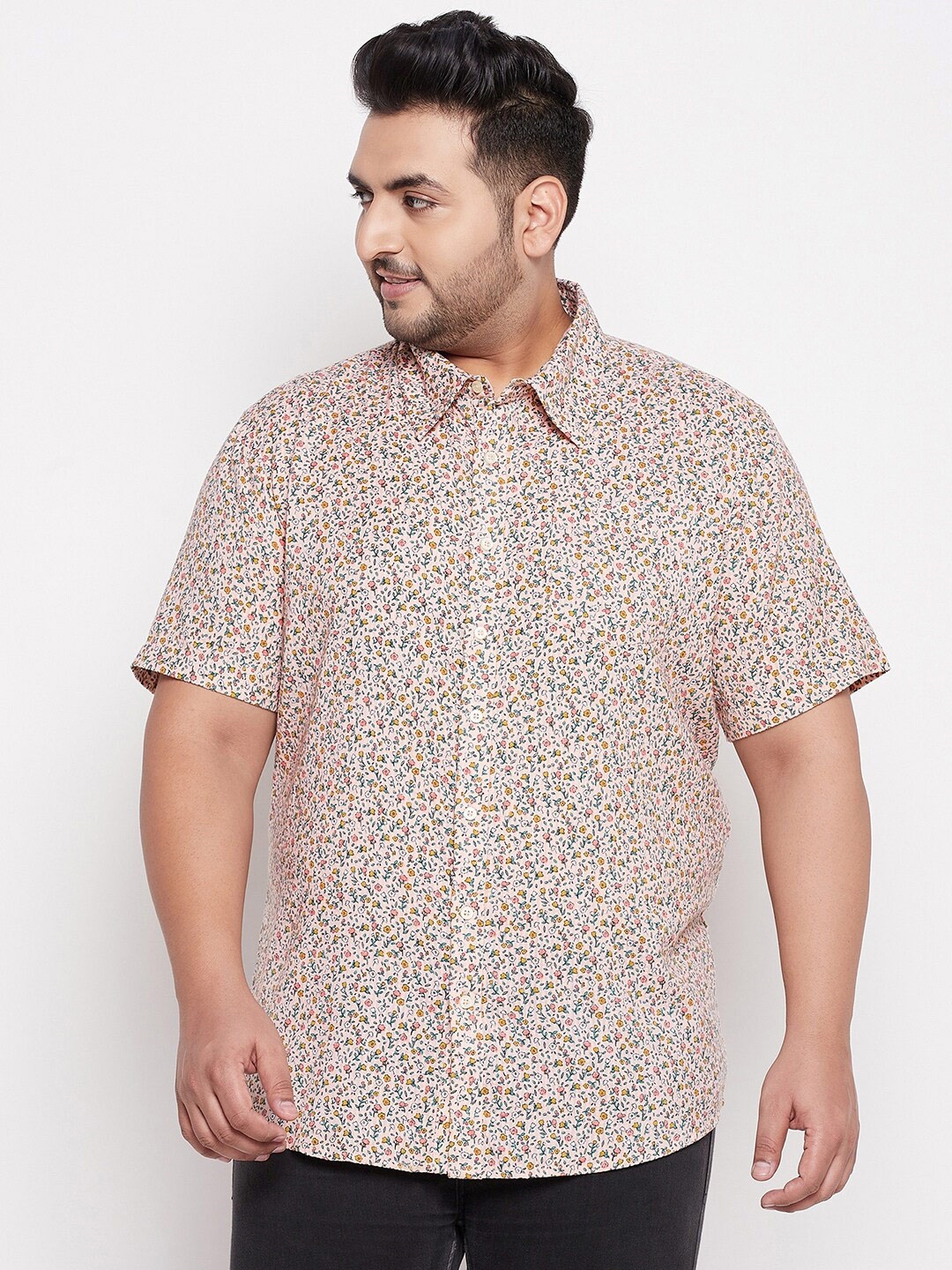bigbanana Plus Size Men Pink Comfort Floral Printed Cotton Casual Shirt