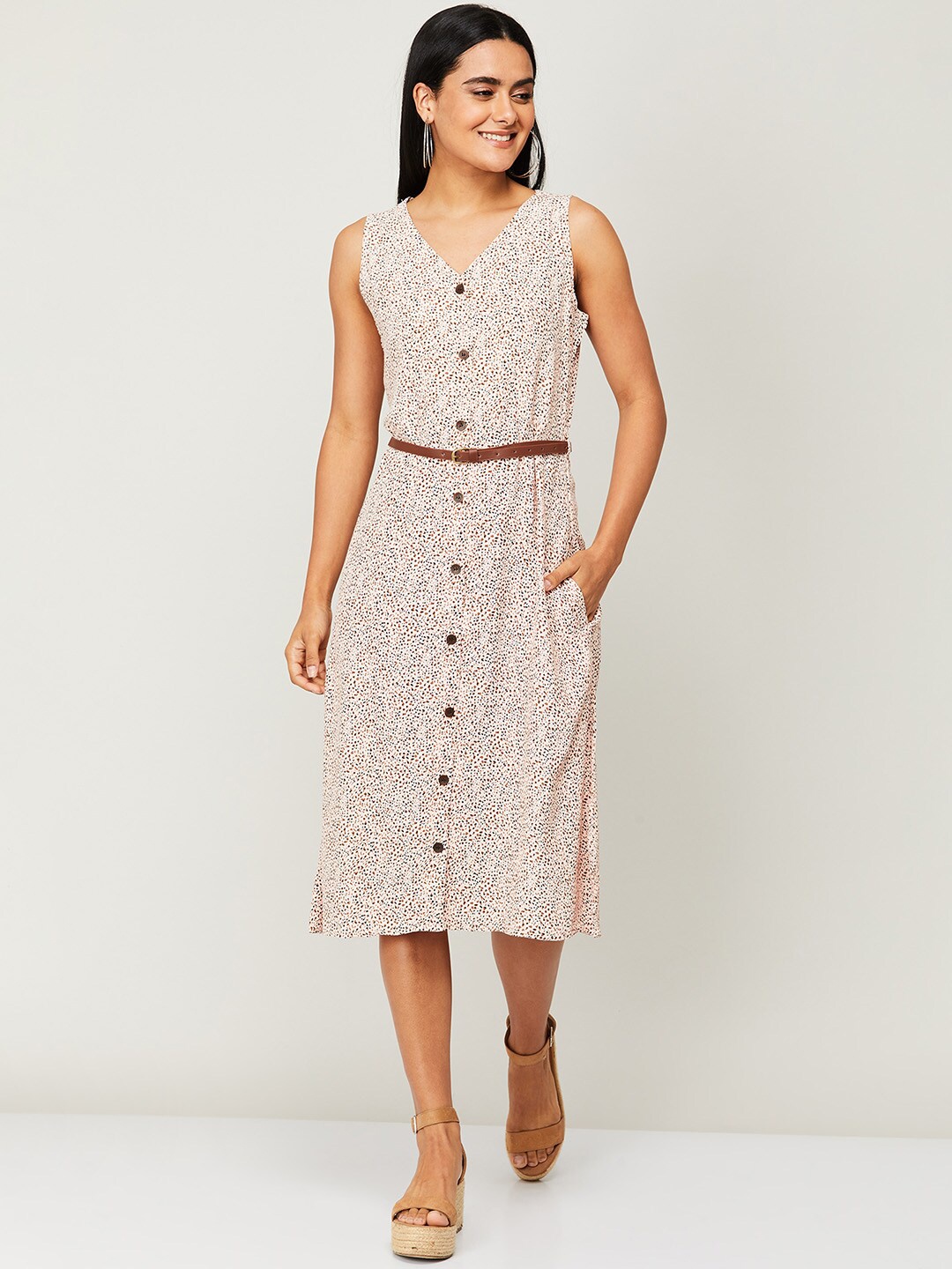 CODE by Lifestyle Beige Printed Animal A-Line Midi Dress