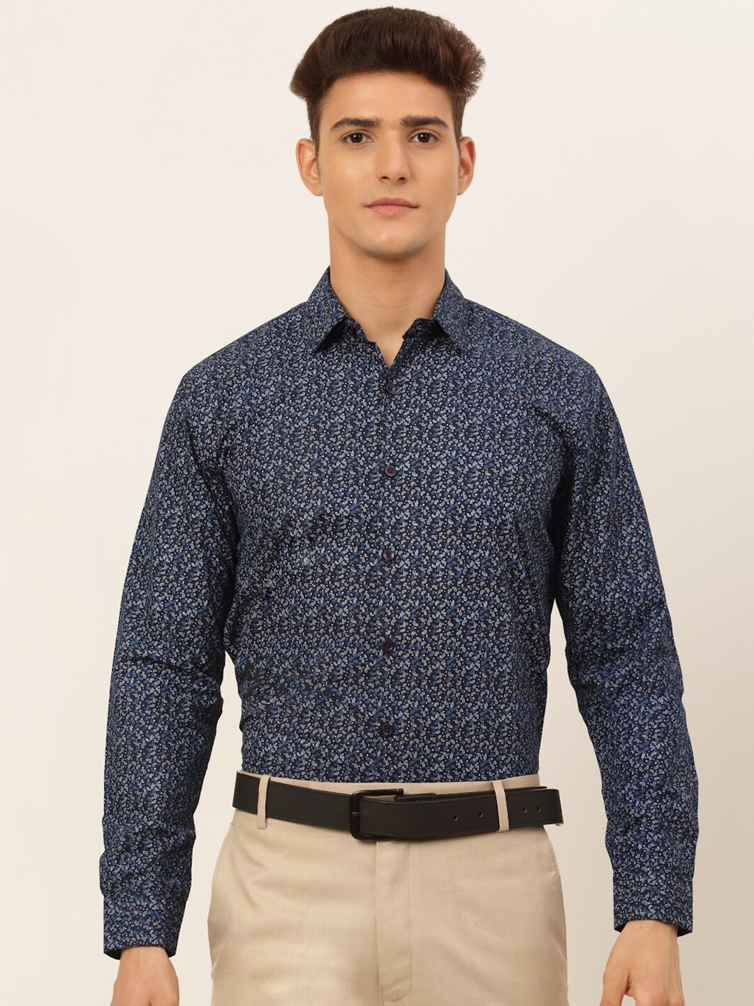 JAINISH Men Navy Blue Classic Printed Cotton Formal Shirt