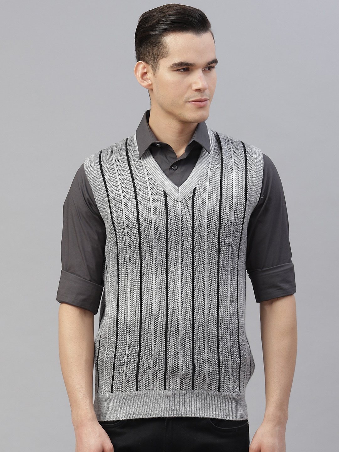 Pierre Carlo Men Grey & Black Striped Sweater Vest
