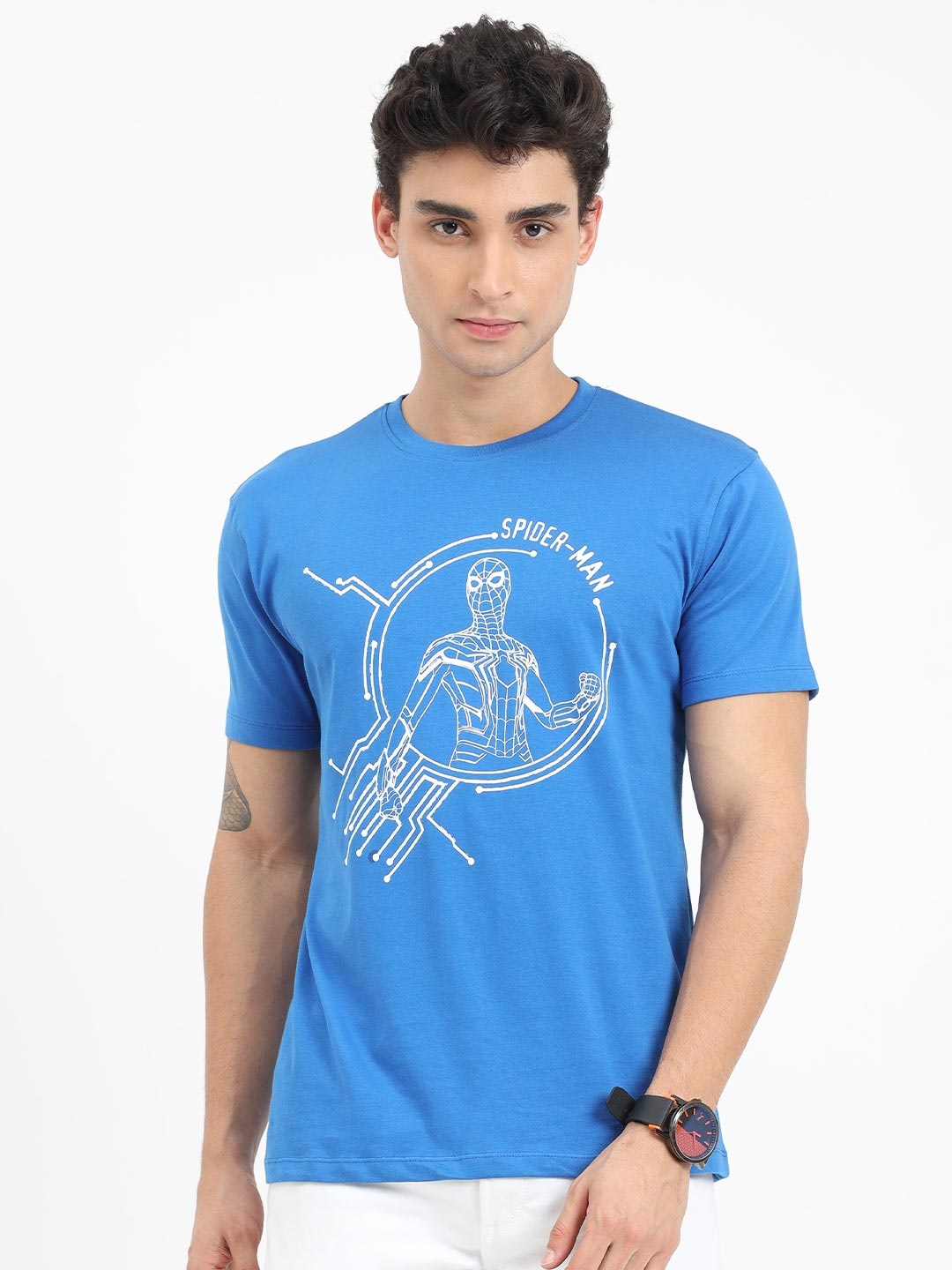 COOFT Men Blue Spider-Man Printed Pure Cotton T-shirt