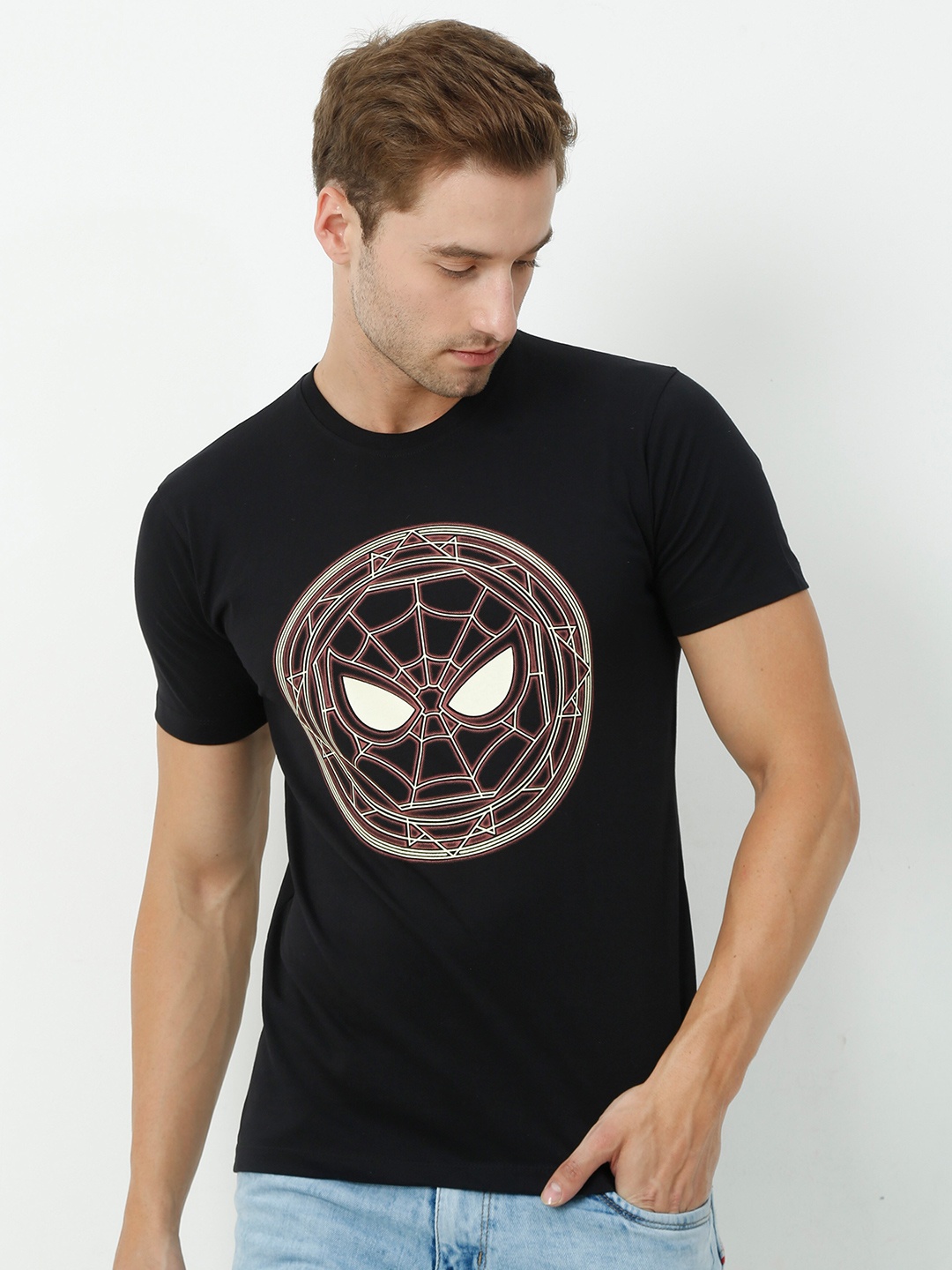 COOFT Men Black Spider-Man Printed Pure Cotton T-shirt