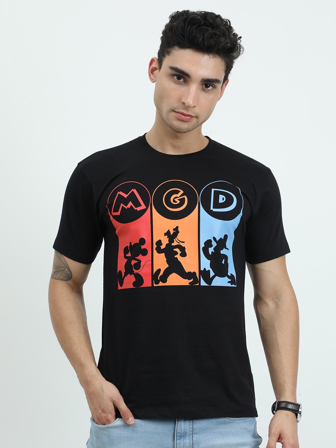 COOFT Men Black Mickey, Goofy & Donald Duck Printed Pure Cotton T-shirt