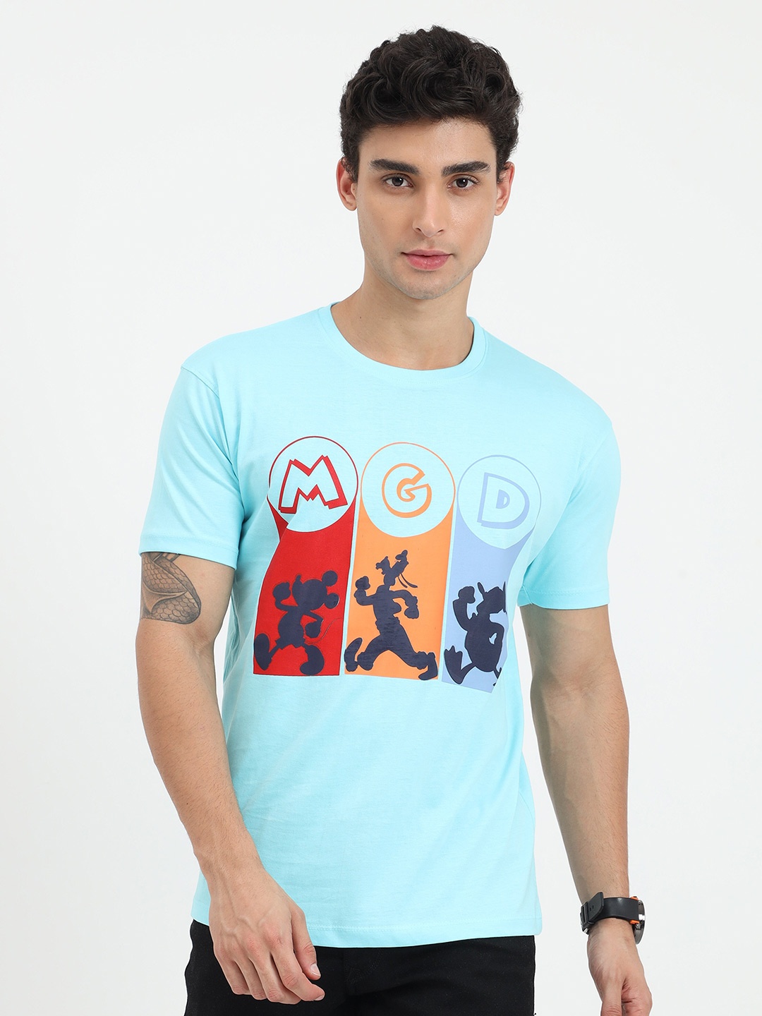 COOFT Men Blue Mickey Mouse Printed Pure Cotton T-shirt