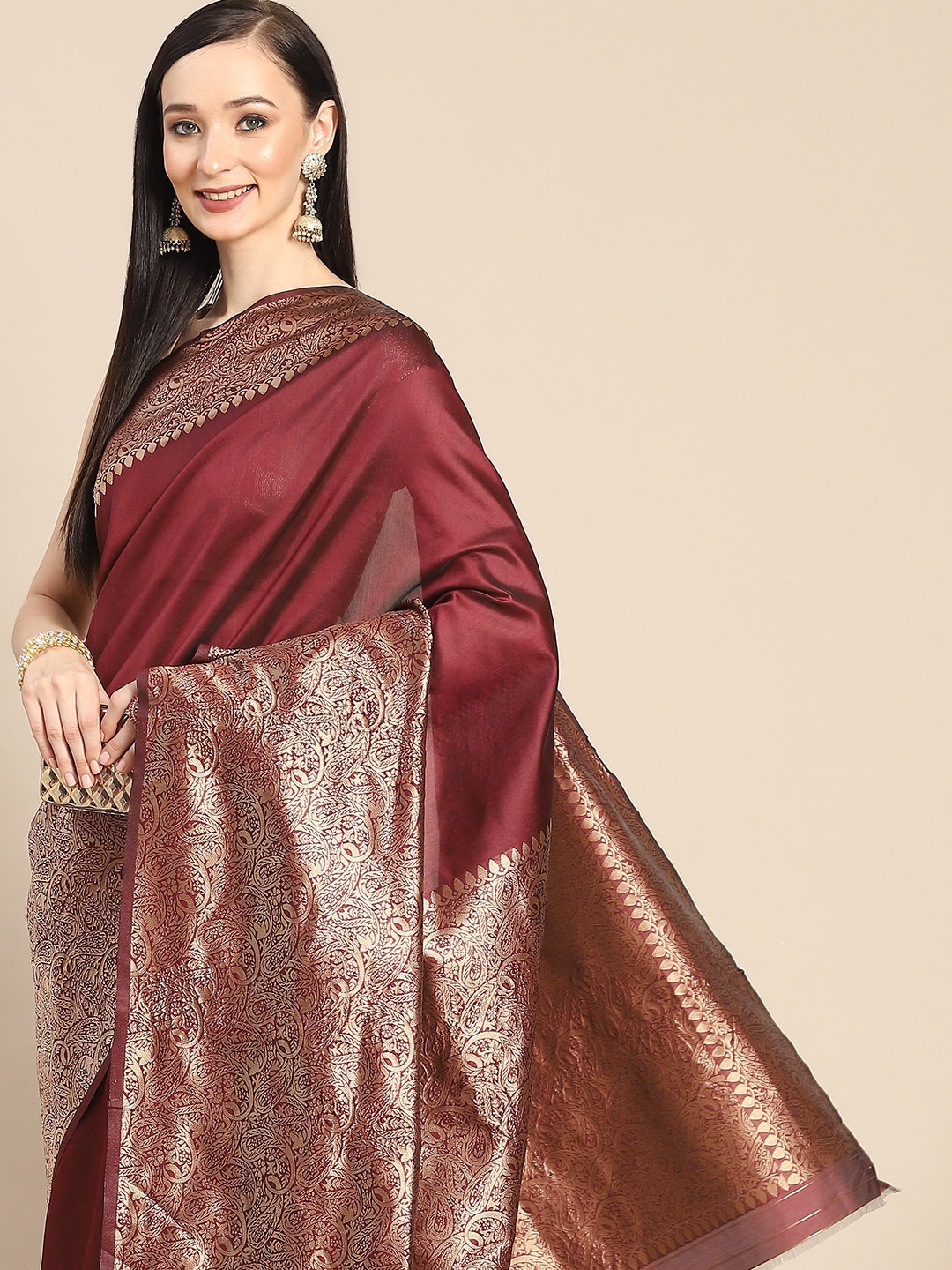 Anouk Maroon & Golden Ethnic Motifs Silk Blend Banarasi Saree