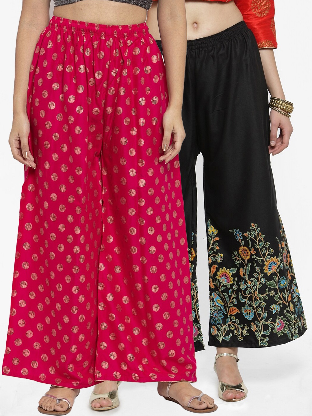 Clora Creation Women Pink & Black Pack Of 2 Floral Printed Flared Knitted Ethnic Palazzos
Clora Creation Women Pink & Black Pack Of 2 Floral Printed Flared Knitted Ethnic Palazzos