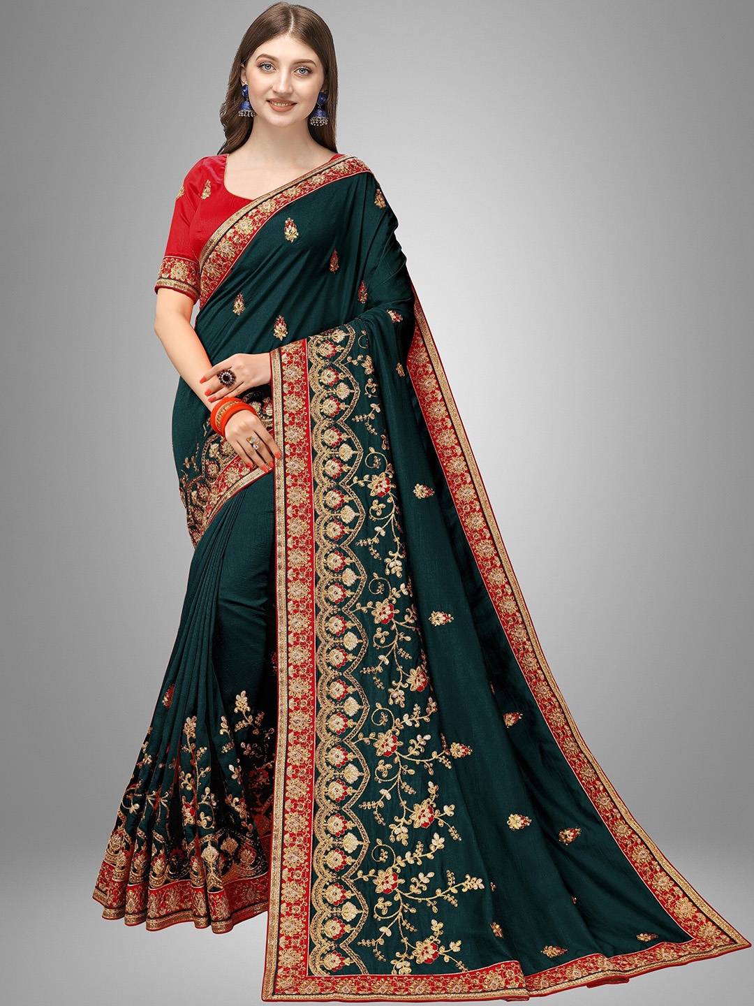 Trendmalls Sea Green & Red Floral Satin Mysore Silk Saree