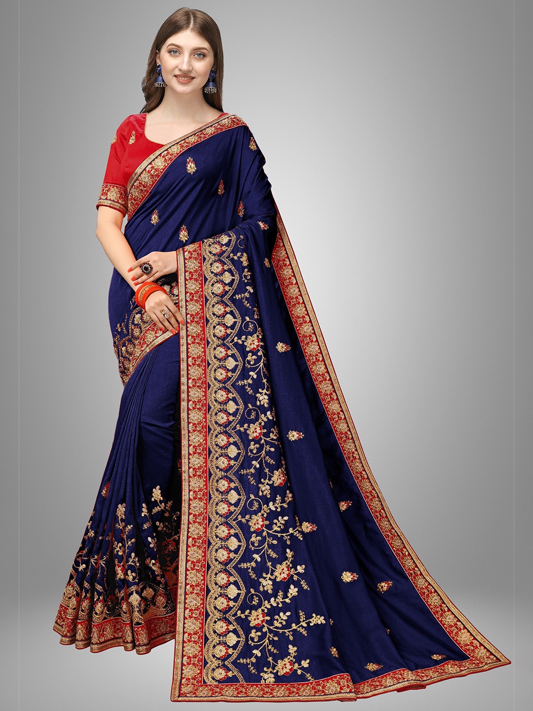 Trendmalls Blue & Red Floral Embroidered Satin Mysore Silk Saree