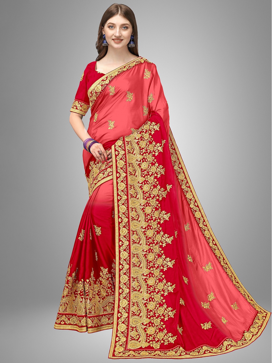 Trendmalls Women Red & Gold-Toned Floral Embroidered Pure Mysore Silk Saree