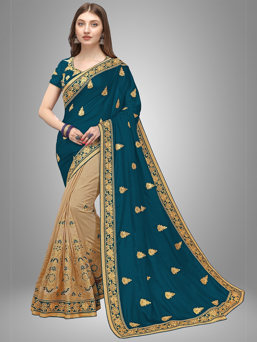 Trendmalls Sea Green & Gold-Toned Ethnic Motifs Embroidered Pure Silk Mysore Silk Saree
Trendmalls Sea Green & Gold-Toned Ethnic Motifs Embroidered Pure Silk Mysore Silk Saree