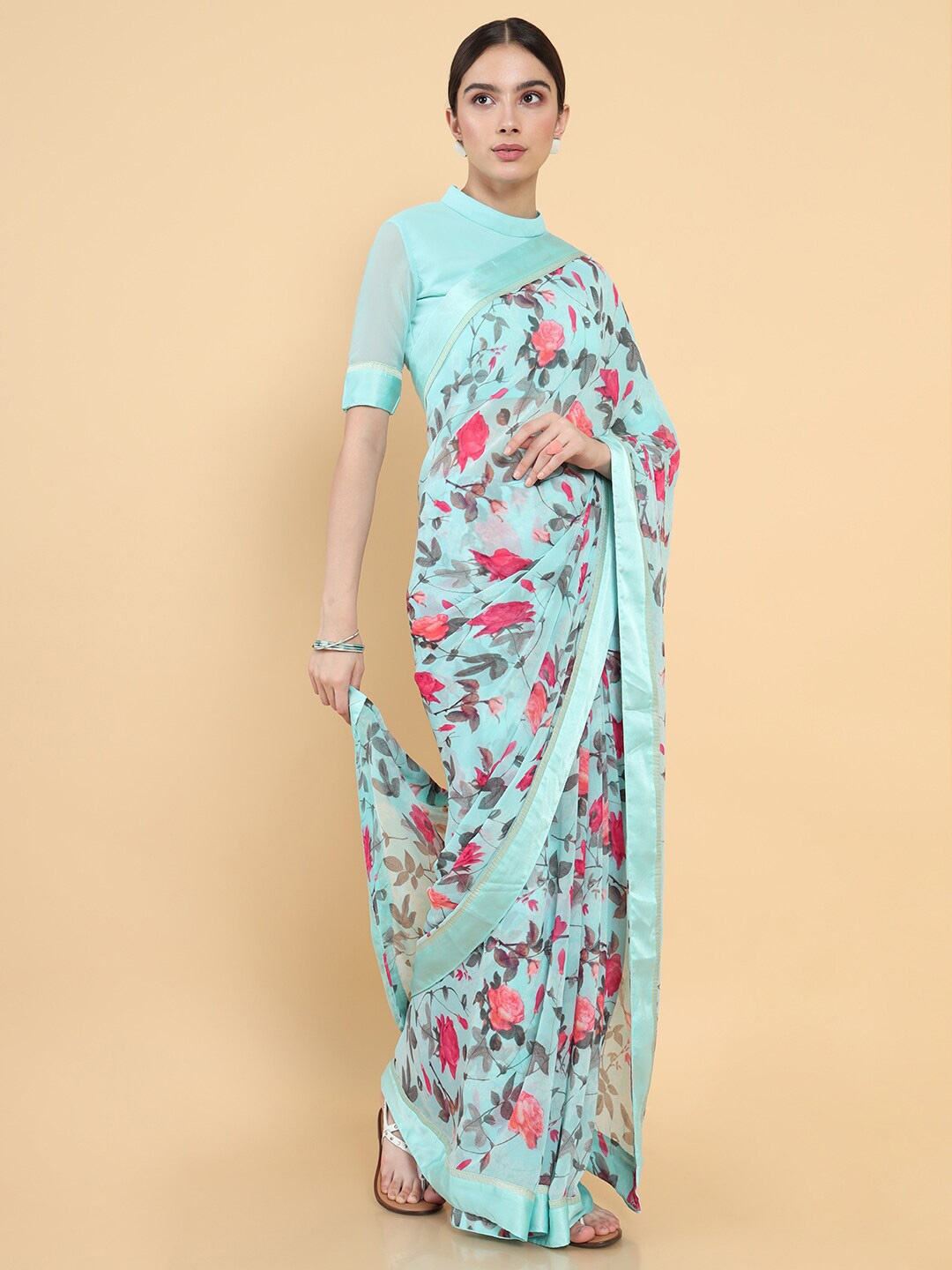 Soch Blue & Pink Floral Organza Saree