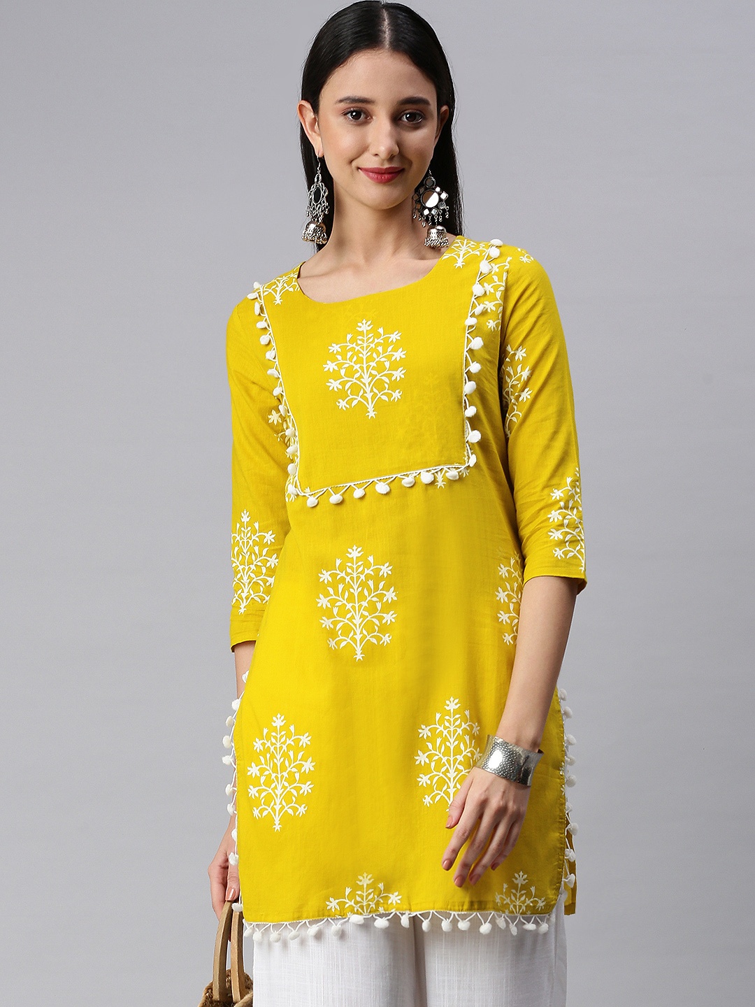 KALINI Women Lime Green Floral Printed Cotton Kurta