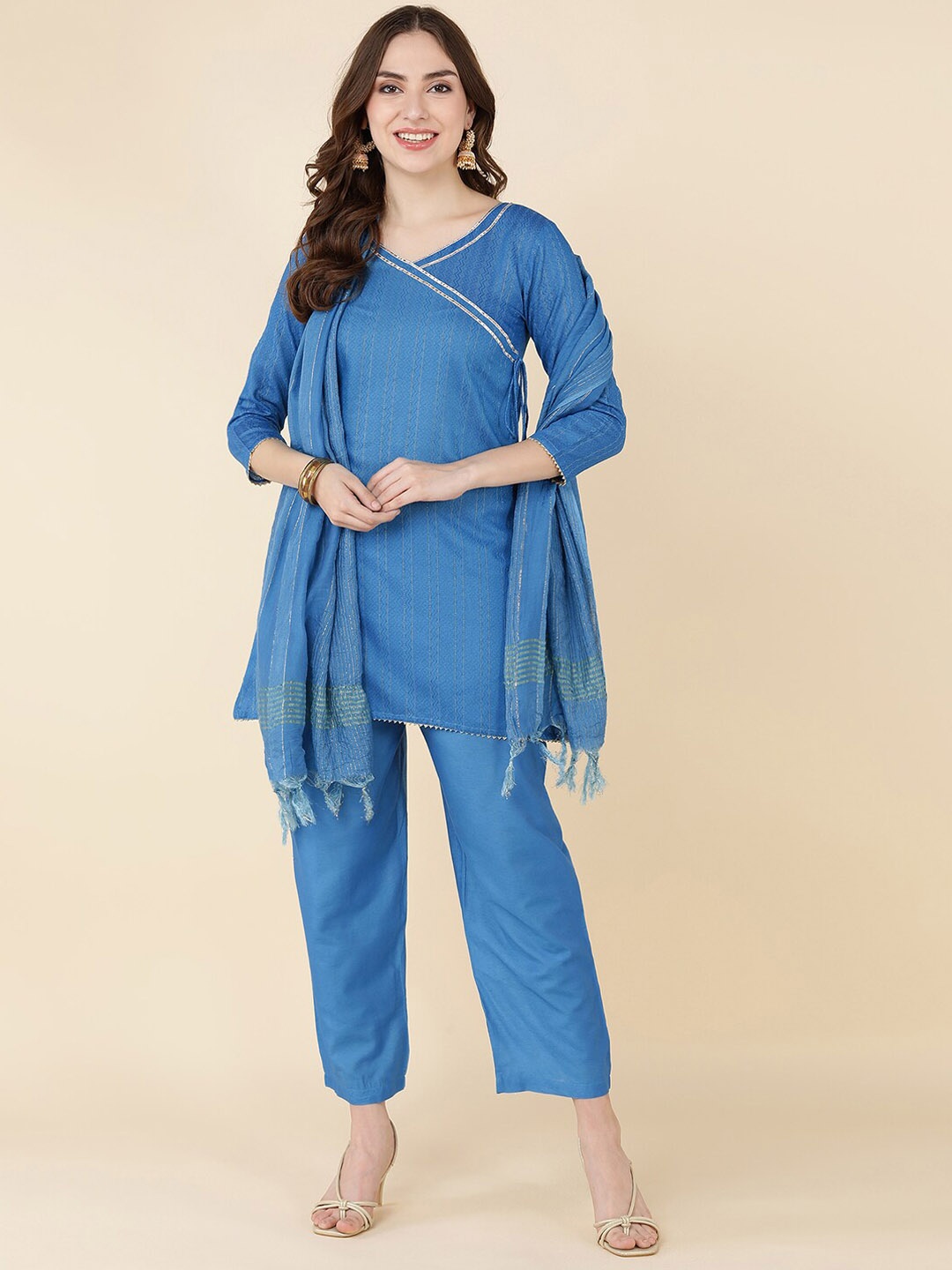 Sangria Women Blue Angrakha Gotta Patti Chanderi Cotton Kurta with Trousers & With Dupatta
Sangria Women Blue Angrakha Gotta Patti Chanderi Cotton Kurta with Trousers & With Dupatta