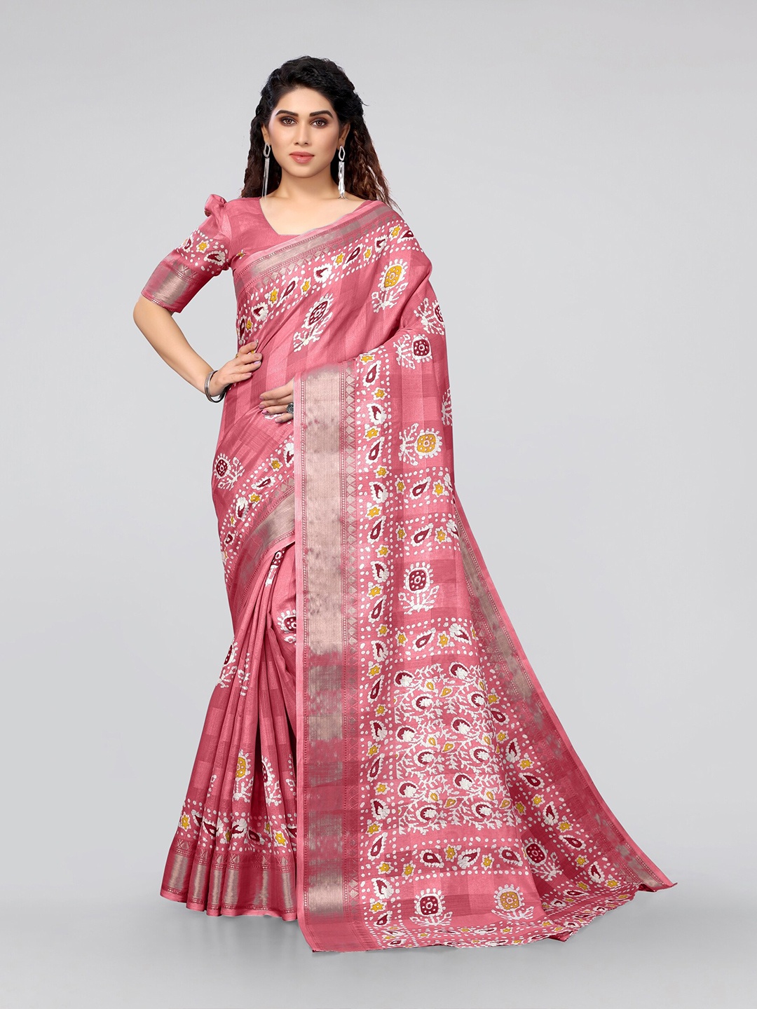 MIRCHI FASHION Pink & White Ethnic Motifs Zari Saree