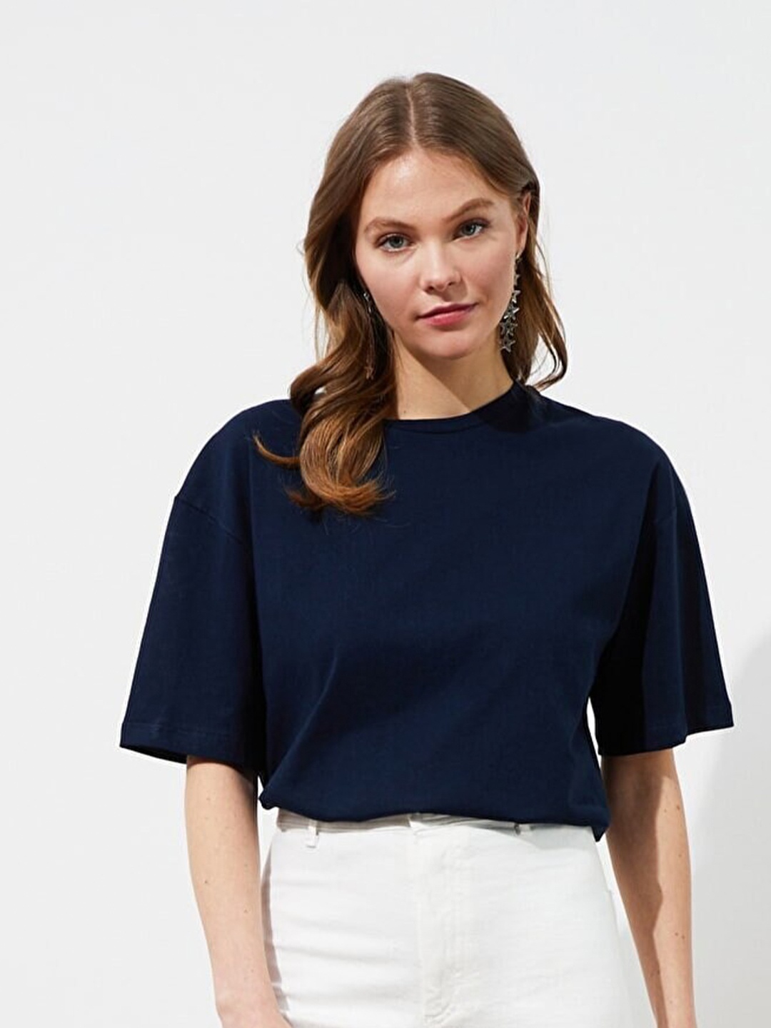 Trendyol Women Navy Blue Typography Printed T-shirt