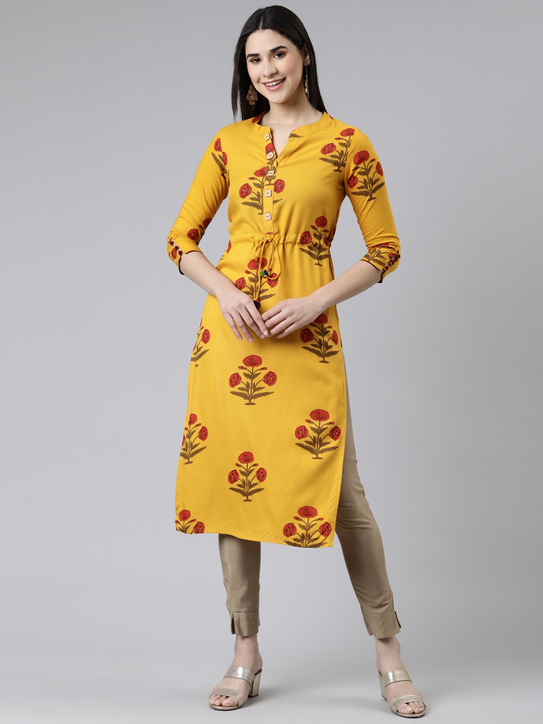 KALINI Women Yellow Floral Printed Straight Kurta