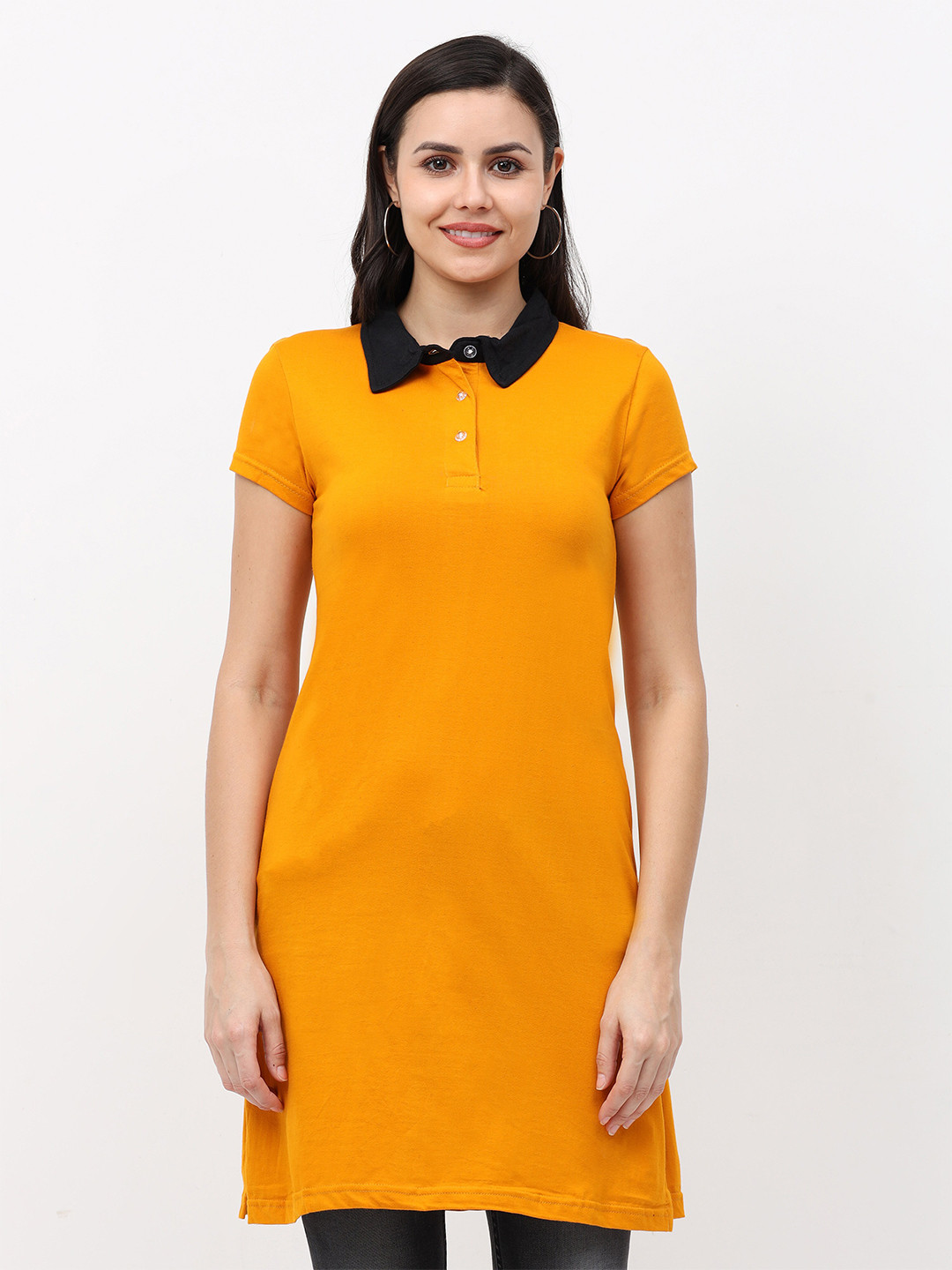 Fleximaa Women Mustard & Black Collar Longline Top 
Fleximaa Women Mustard & Black Collar Longline Top