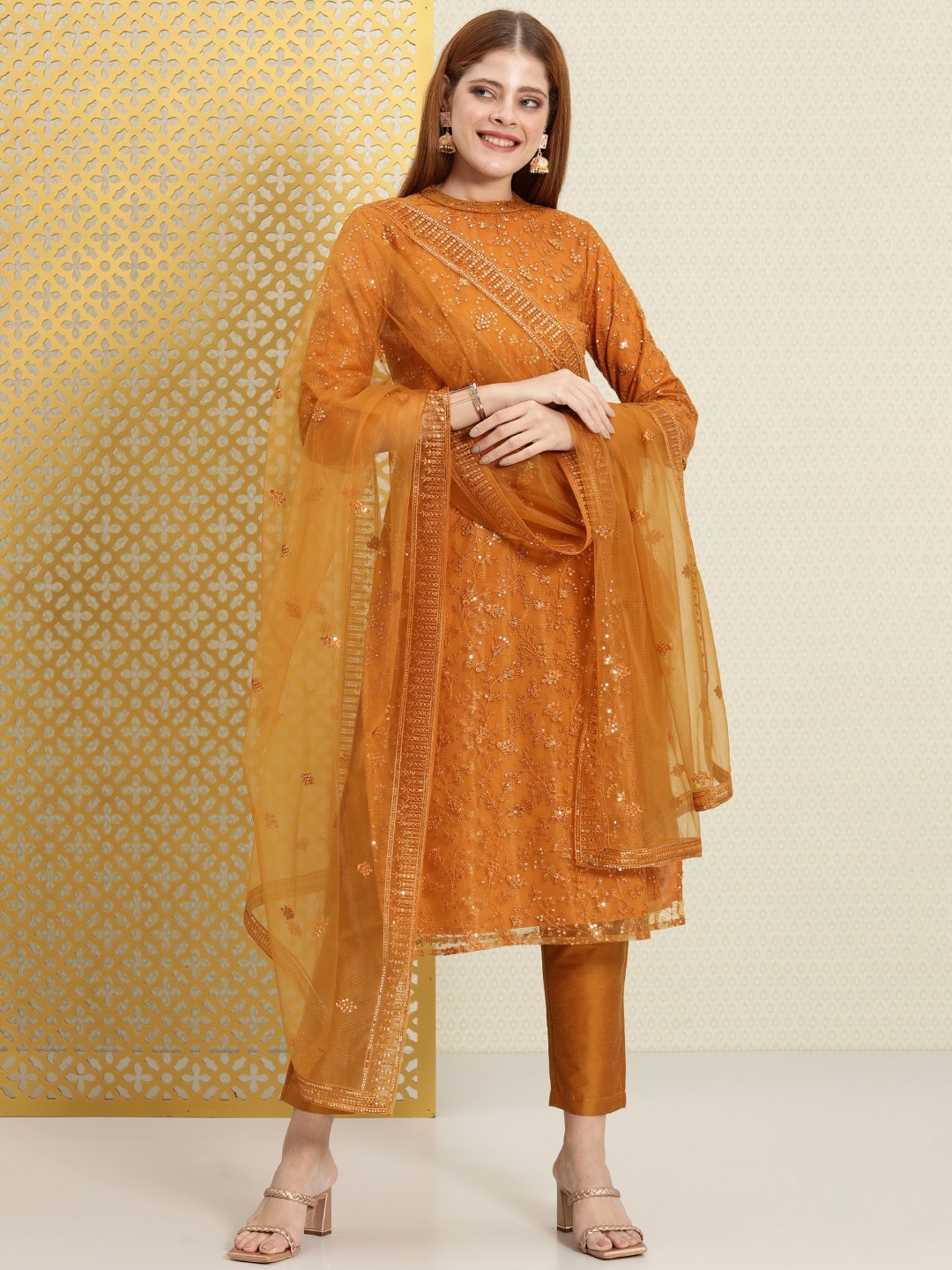 House of Pataudi Women Sequin Embellished Jashn Kurta with Trousers & Dupatta Set, Orange
House of Pataudi Women Sequin Embellished Jashn Kurta with Trousers & Dupatta Set, Orange