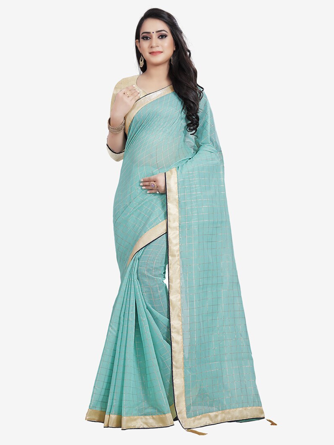 Indian Fashionista Turquoise Blue & Gold-Toned Checked Gotta Patti Lace Khadi Saree
Indian Fashionista Turquoise Blue & Gold-Toned Checked Gotta Patti Lace Khadi Saree