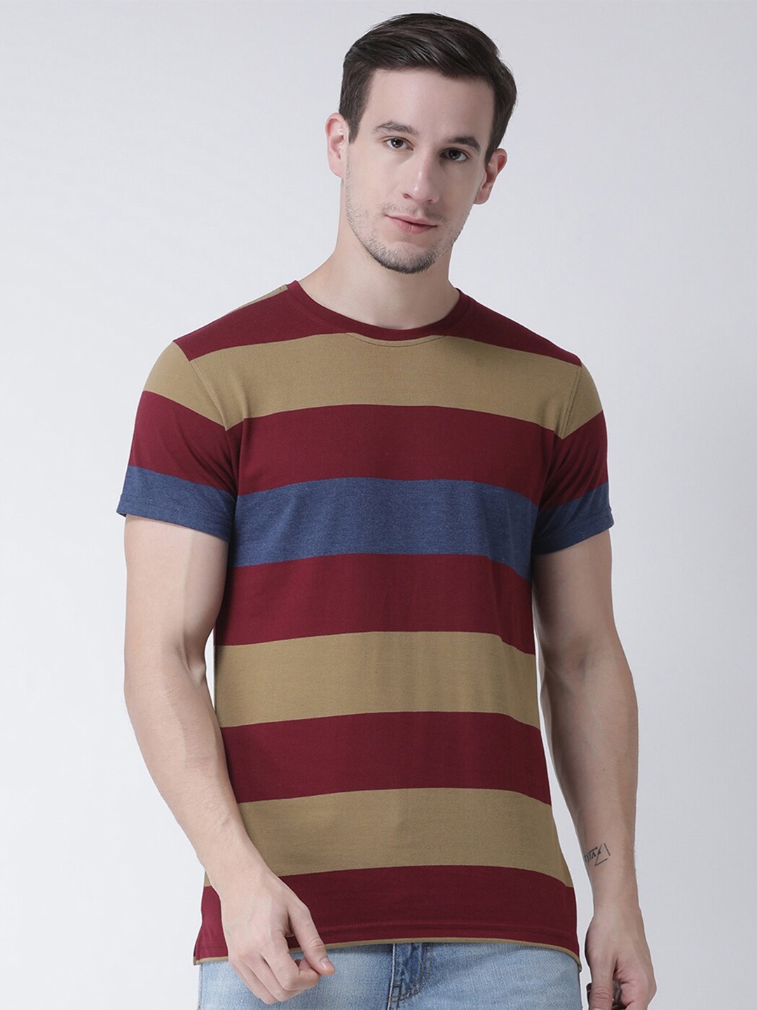 Club York Men Maroon & Yellow Striped T-shirt