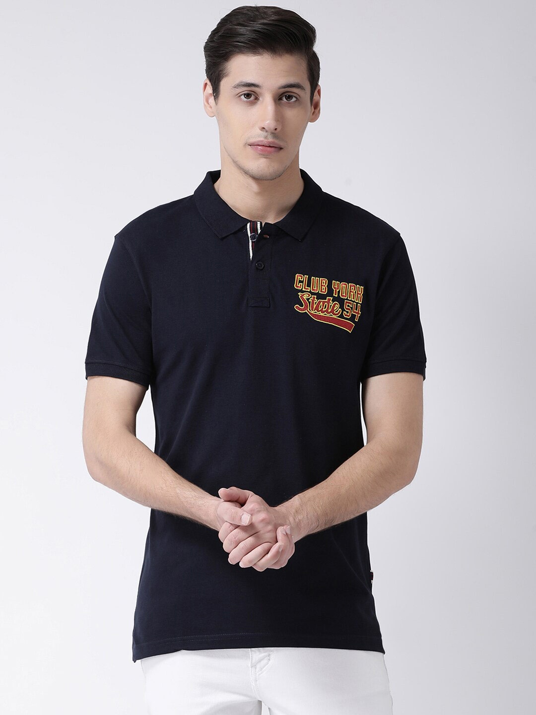 Club York Men Navy Blue Typography Polo Collar Cotton T-shirt