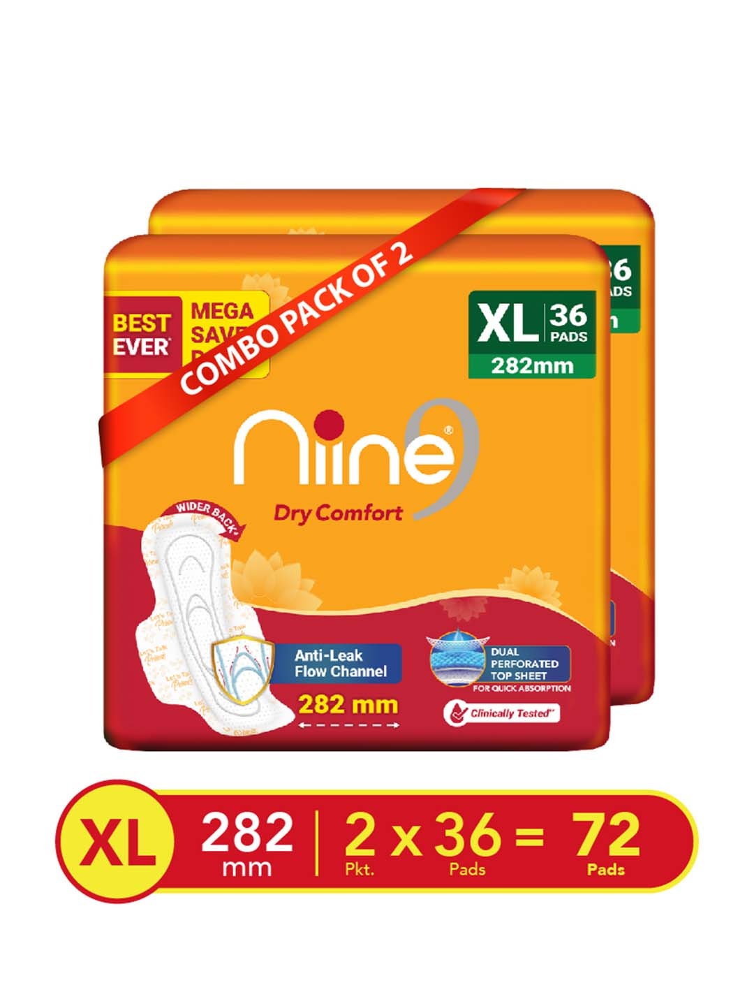 Niine Set of 2 Dry Comfort Anti Leak Flow Channel XL 282 mm Sanitary Pads - 72 Pads, Orange
Niine Set of 2 Dry Comfort Anti Leak Flow Channel XL 282 mm Sanitary Pads - 72 Pads, Orange