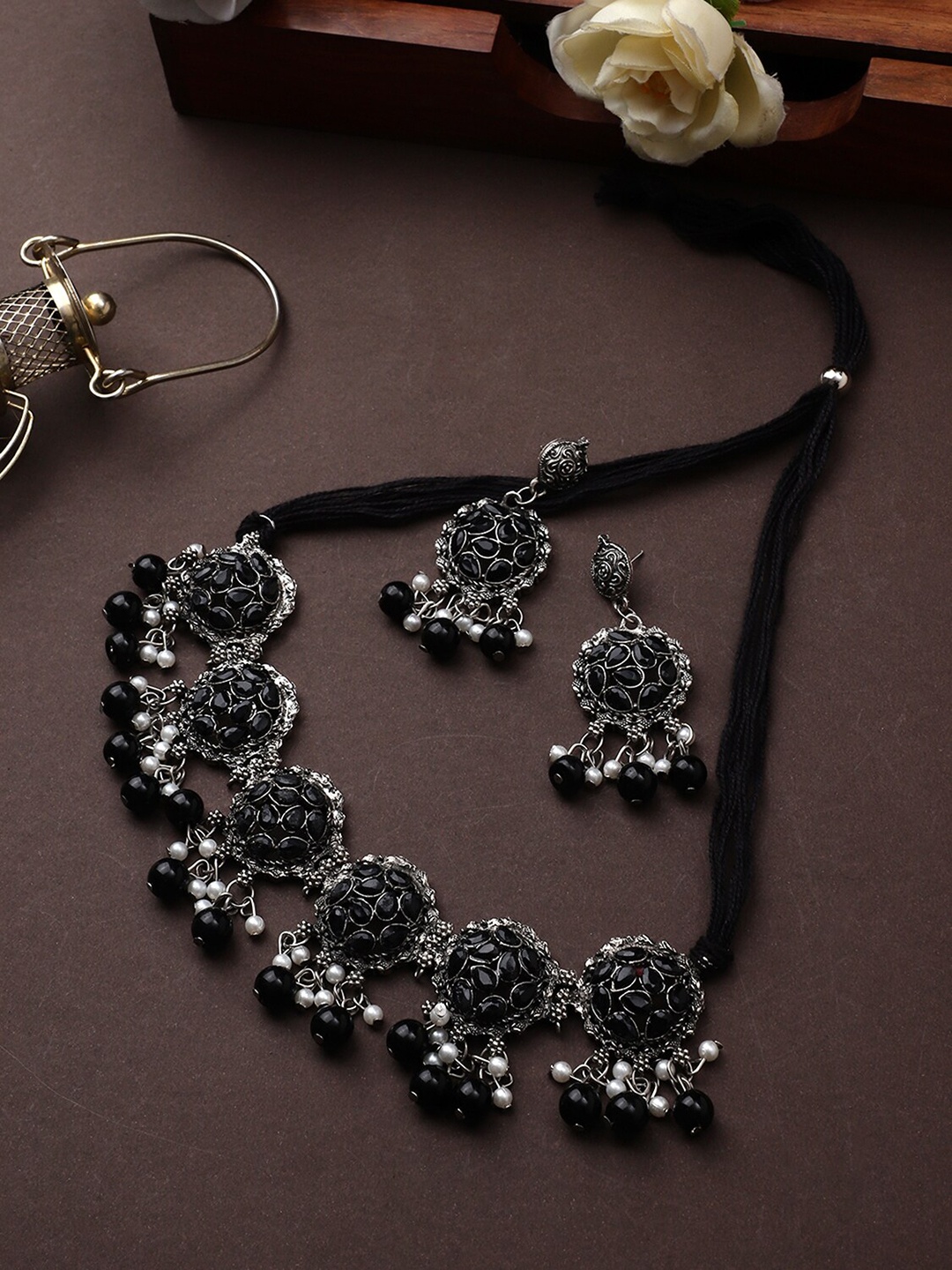 CARDINAL Silver-Plated Oxidised Black Stone Studded Flower Lavish Choker Necklace Set
CARDINAL Silver-Plated Oxidised Black Stone Studded Flower Lavish Choker Necklace Set