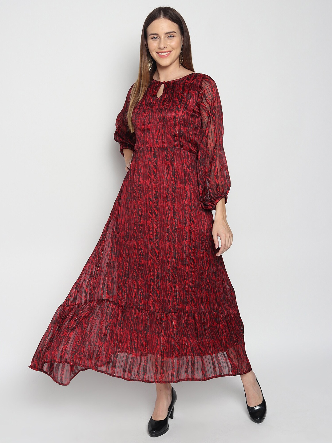 ISAM Women Red & Black Keyhole Neck Chiffon Maxi Dress