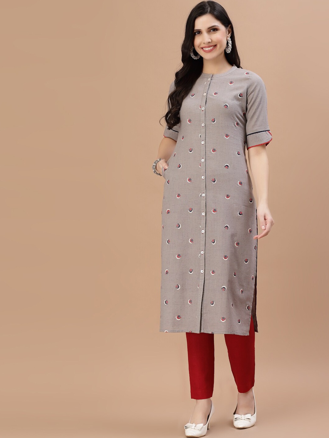 Smiro Women Grey Printed Straight Kurta