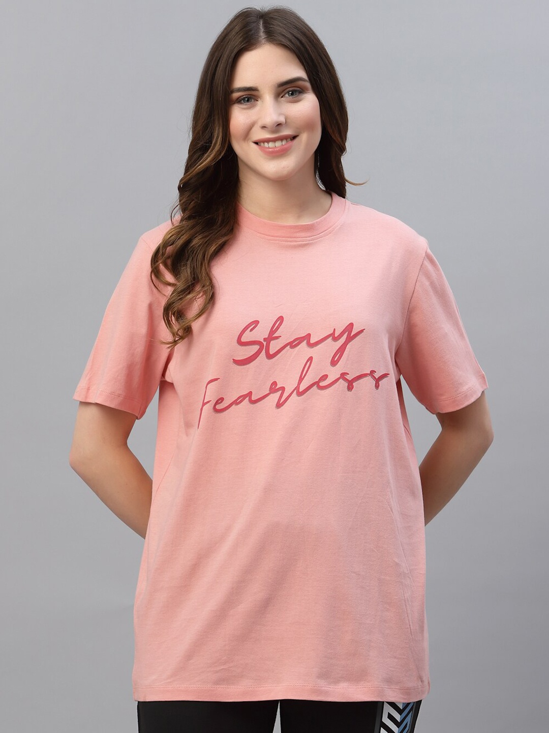 HOUSE OF KKARMA Women Peach-Coloured Typography Drop-Shoulder Sleeves T-shirt
