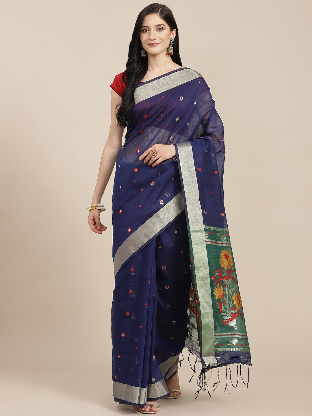 VISHNU WEAVES Blue Woven Design Pure Linen Jamdani Saree
VISHNU WEAVES Blue Woven Design Pure Linen Jamdani Saree
