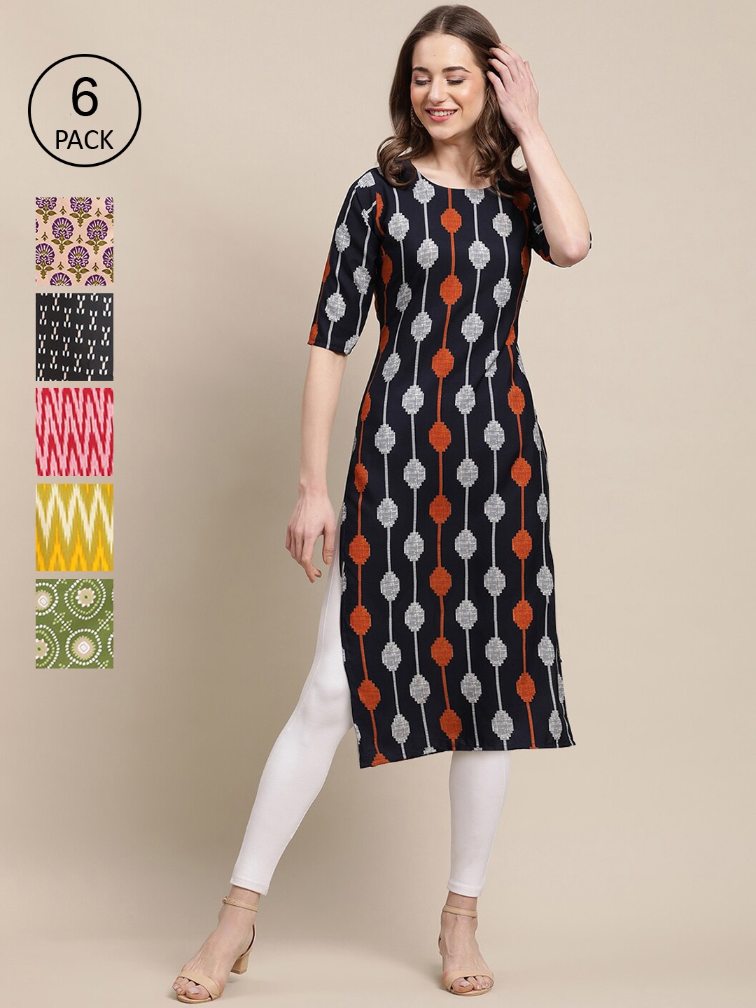 7Threads Women Pack Of 6 Geometric Printed Block Print Crepe Kurta, Black
7Threads Women Pack Of 6 Geometric Printed Block Print Crepe Kurta, Black
