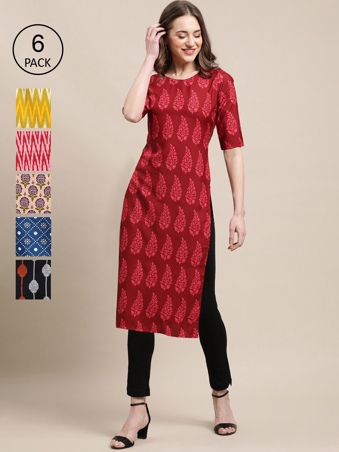 7Threads Women Pack Of 6 Ethnic Motifs Printed Thread Work Summer Sheers Crepe Kurta, Multi
7Threads Women Pack Of 6 Ethnic Motifs Printed Thread Work Summer Sheers Crepe Kurta, Multi