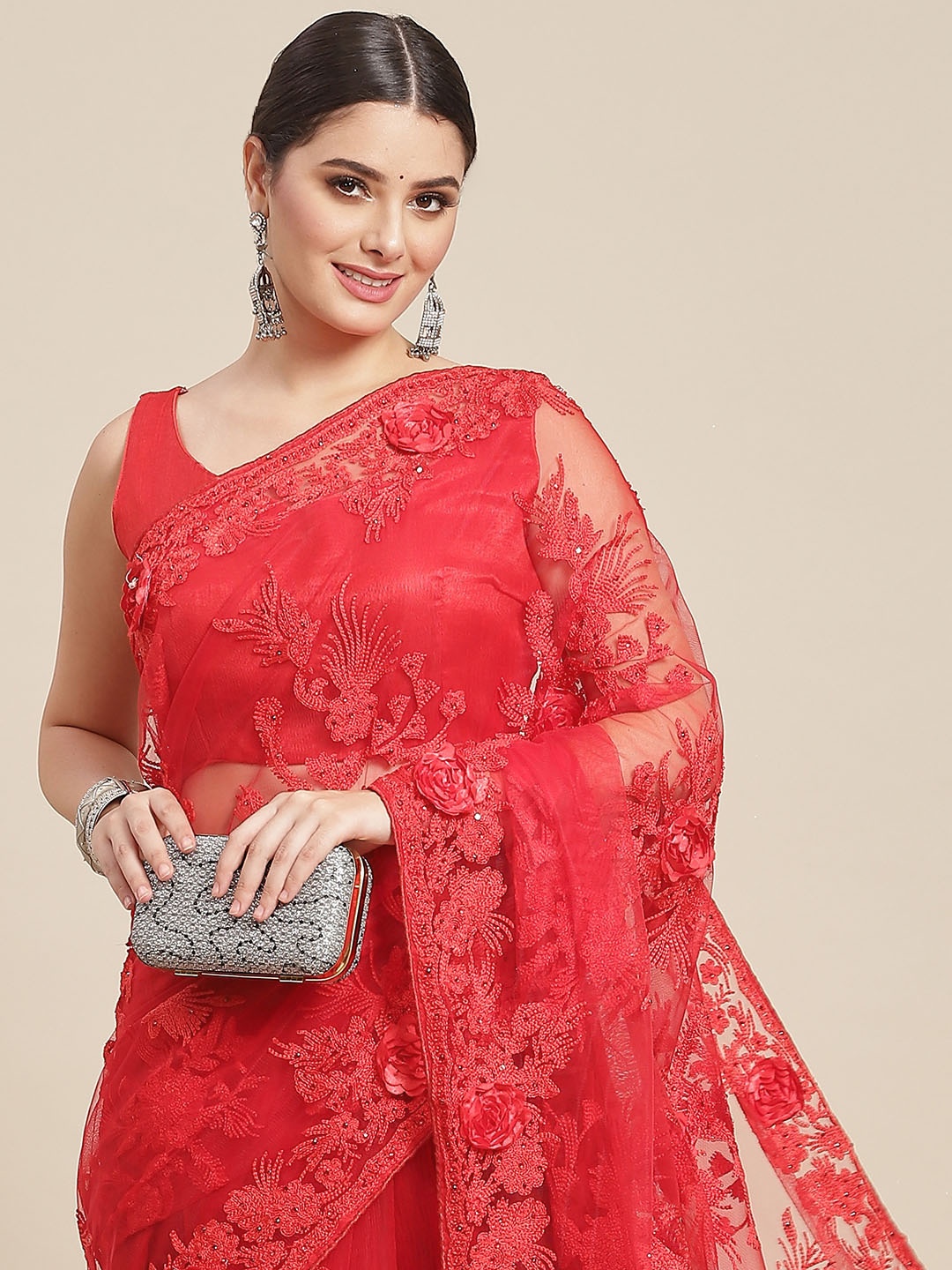 SAARYA Red Floral Embroidered Net Saree