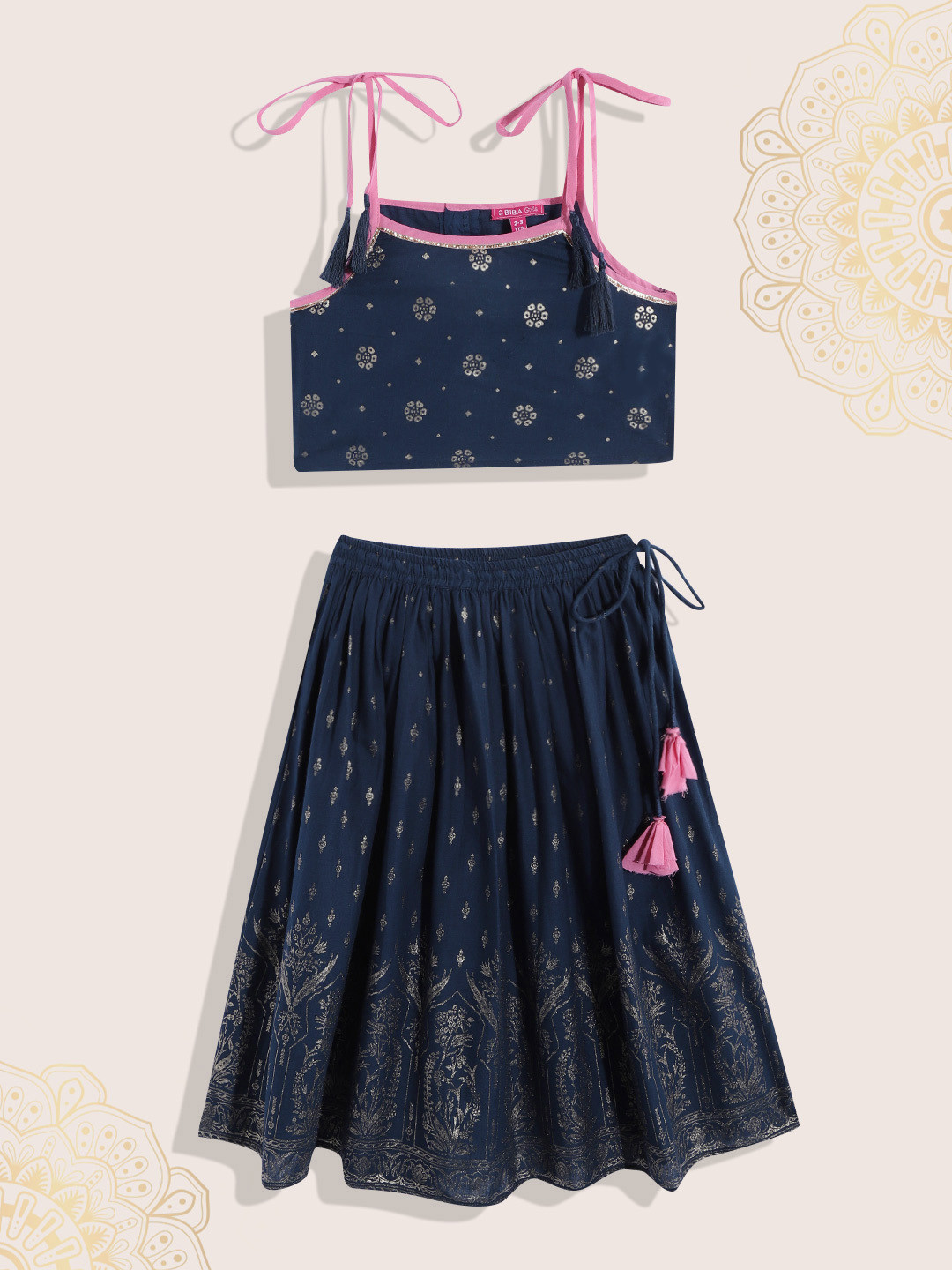 Biba Girls Navy Blue & Gold Ethnic Motifs Printed Ready to Wear Cotton Lehenga & Choli
Biba Girls Navy Blue & Gold Ethnic Motifs Printed Ready to Wear Cotton Lehenga & Choli