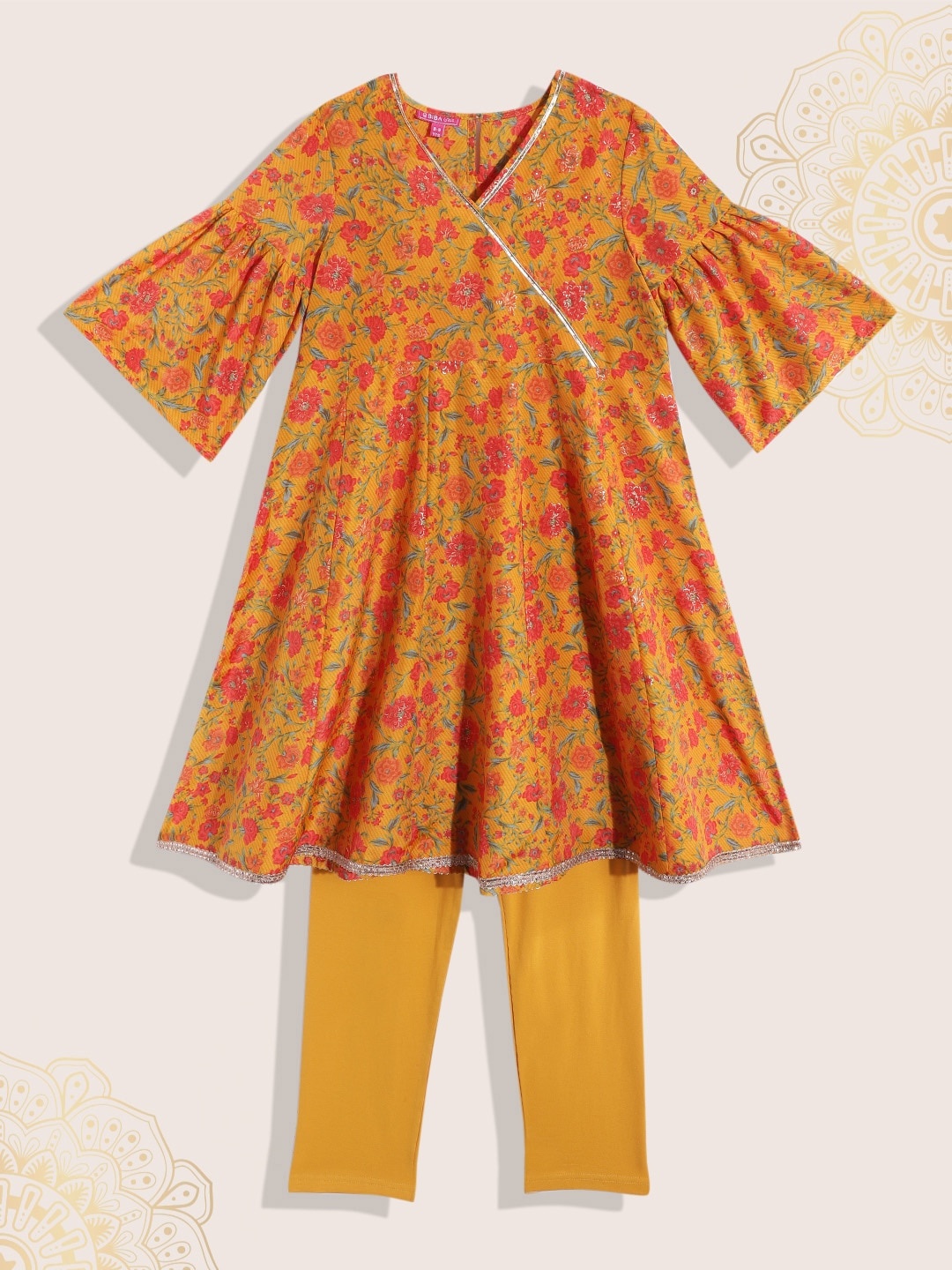 Biba Girls Mustard Yellow & Coral Floral Printed Gotta Patti Kurta with Trousers
Biba Girls Mustard Yellow & Coral Floral Printed Gotta Patti Kurta with Trousers
