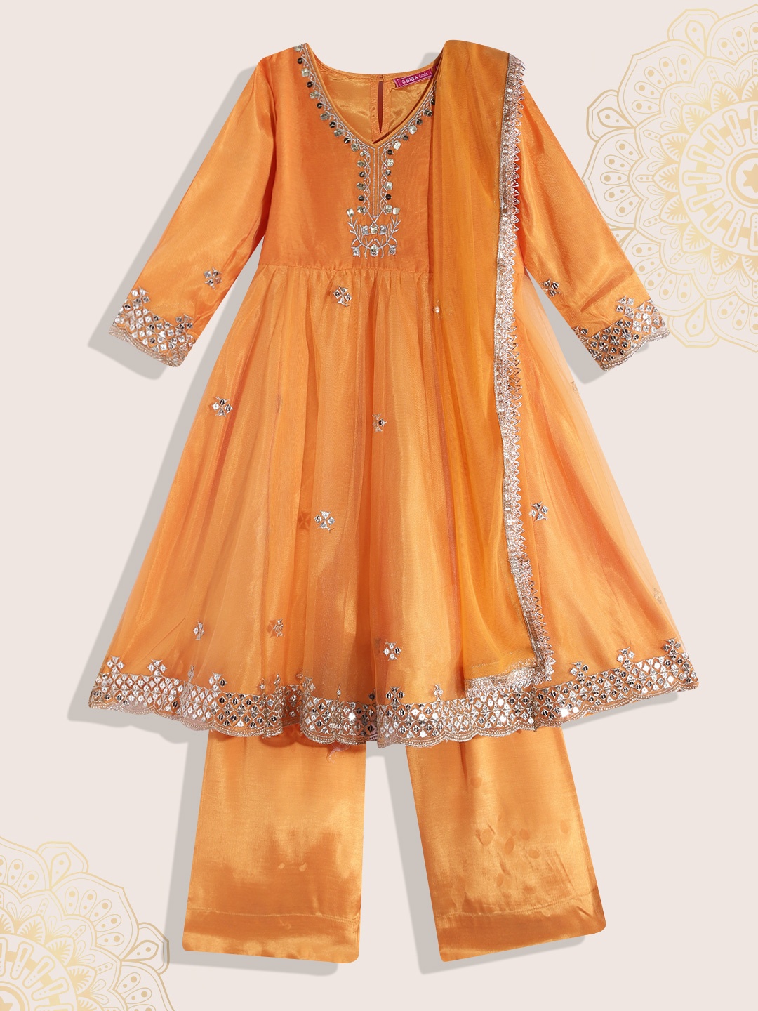 Biba Girls Orange & Gold Ethnic Embroidered Anarkali Kurta with Palazzos & With Dupatta
Biba Girls Orange & Gold Ethnic Embroidered Anarkali Kurta with Palazzos & With Dupatta