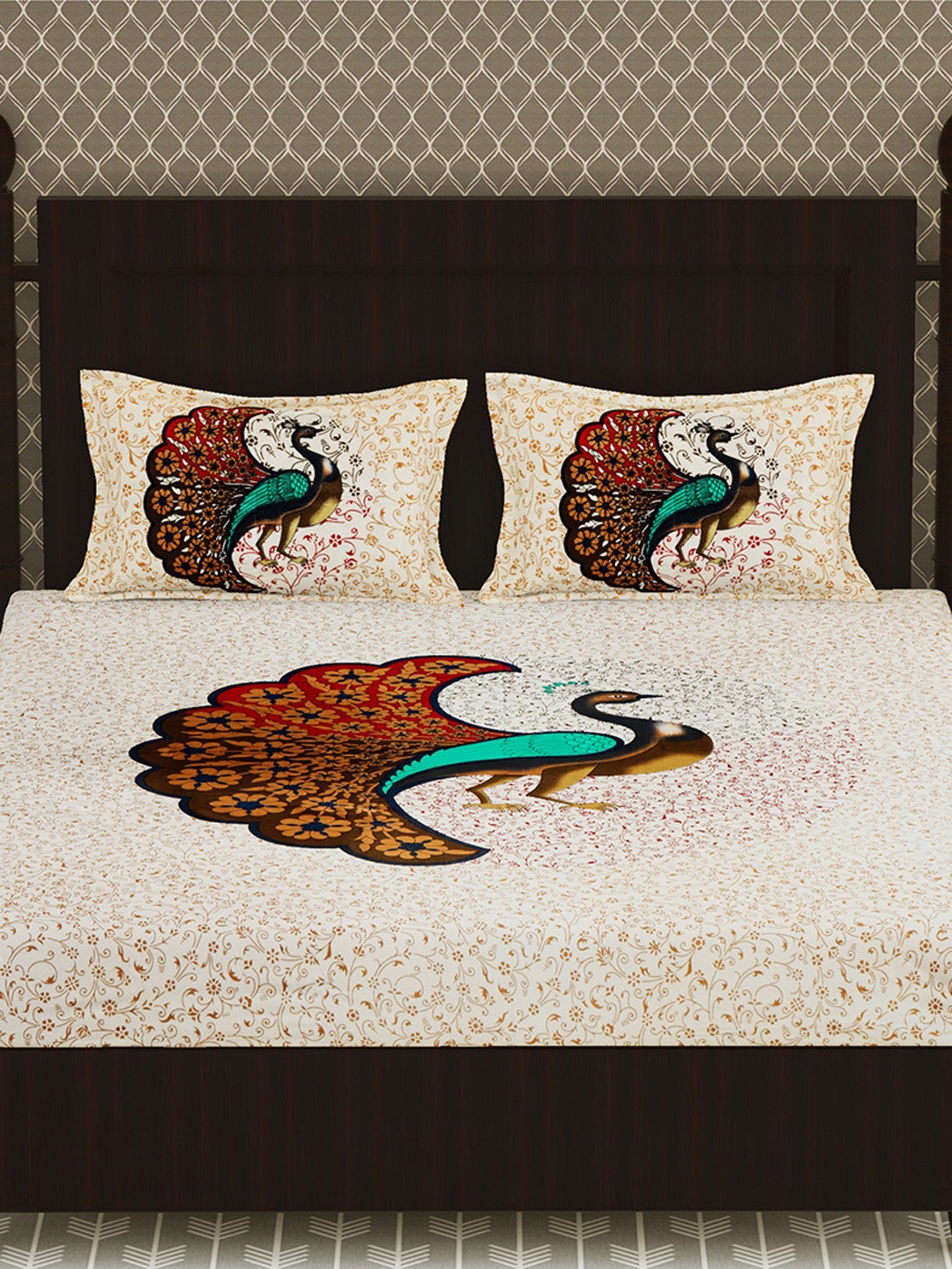 Urban Magic Gold-Toned & Cream-Coloured Peacock 104 TC Queen Bedsheet with 2 Pillow Covers
Urban Magic Gold-Toned & Cream-Coloured Peacock 104 TC Queen Bedsheet with 2 Pillow Covers