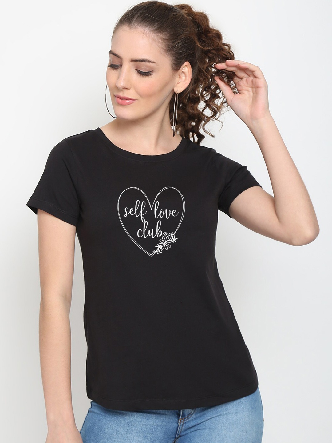 UnaOne Women Plus Size Black Typography Printed Slim Fit Pure Cotton T-shirt
