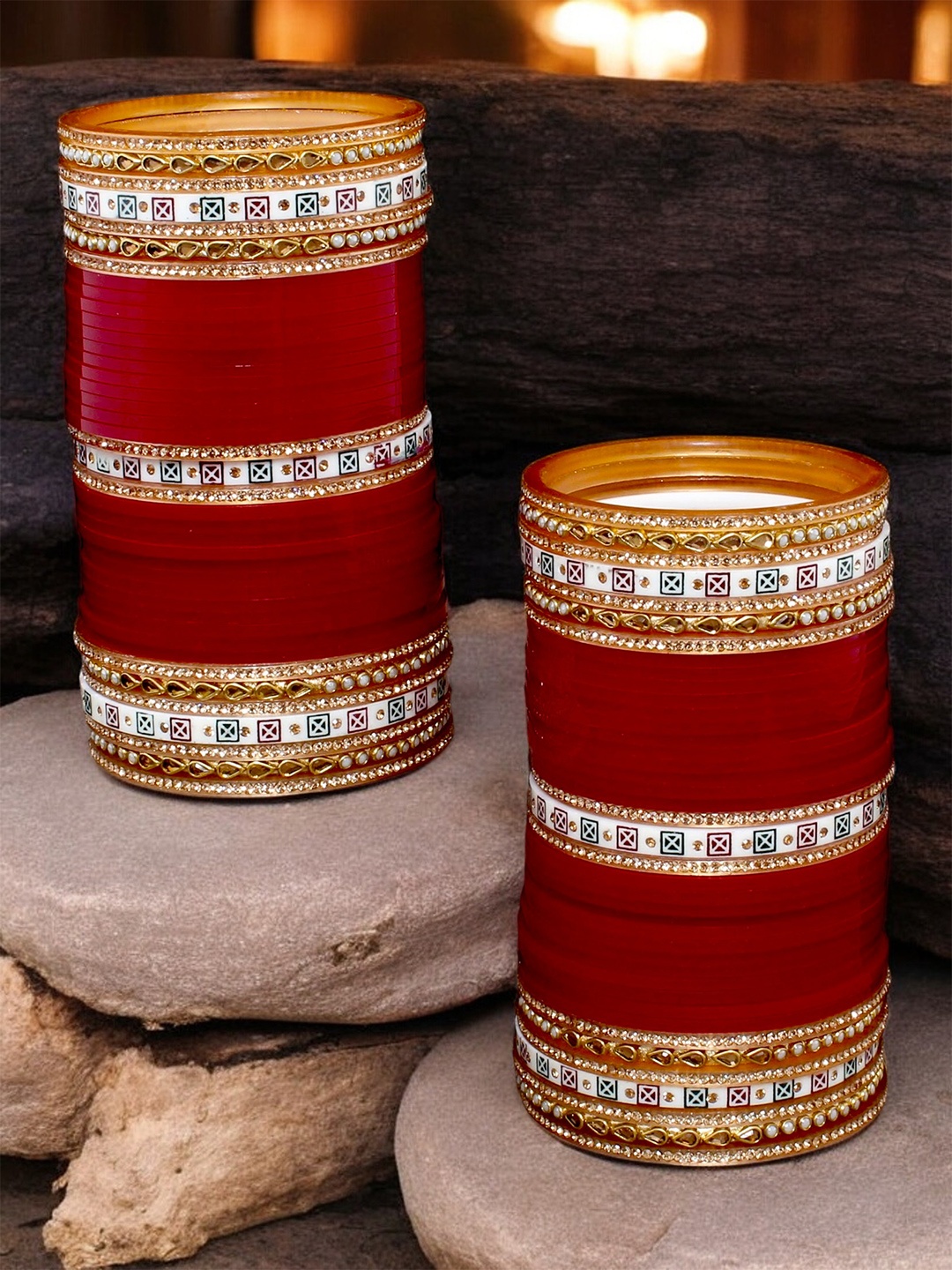 LUCKY JEWELLERY Women Set of 2 Maroon & Gold-Plated White Stone Studded Punjabi Chuda Bangles
LUCKY JEWELLERY Women Set of 2 Maroon & Gold-Plated White Stone Studded Punjabi Chuda Bangles
