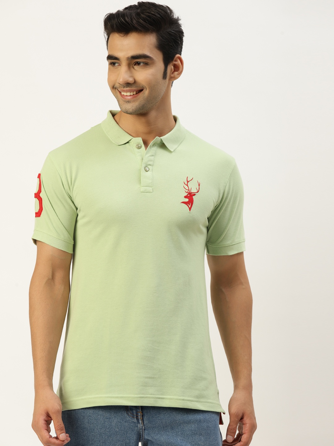 PORTBLAIR Men Green Polo Collar Applique Slim Fit T-shirt